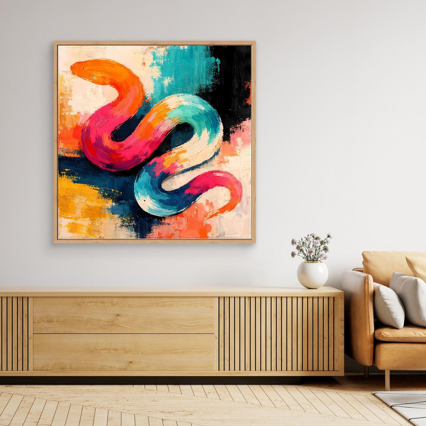 Leinwand-Wandbild mit abstrakter Schlange im Pop-Art-Stil, braun-goldener Rahmen