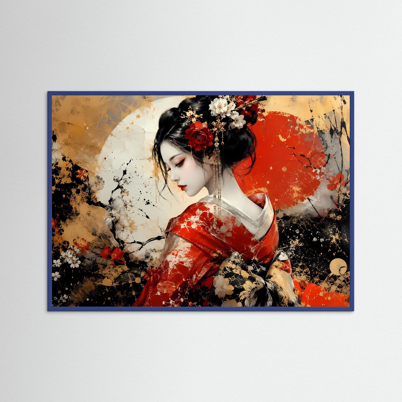 Geisha Poster Rot Gold | Japanische Wandkunst | Abstraktes Geisha Bild | Asiatische Fine Art | Luxuriöses Leinwandbild | Moderne Wanddekoration
