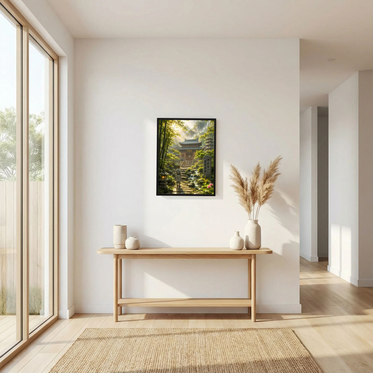 Hochformat-Poster an heller Wand, Bambuswald mit Tempel und Weg im Sonnenlicht