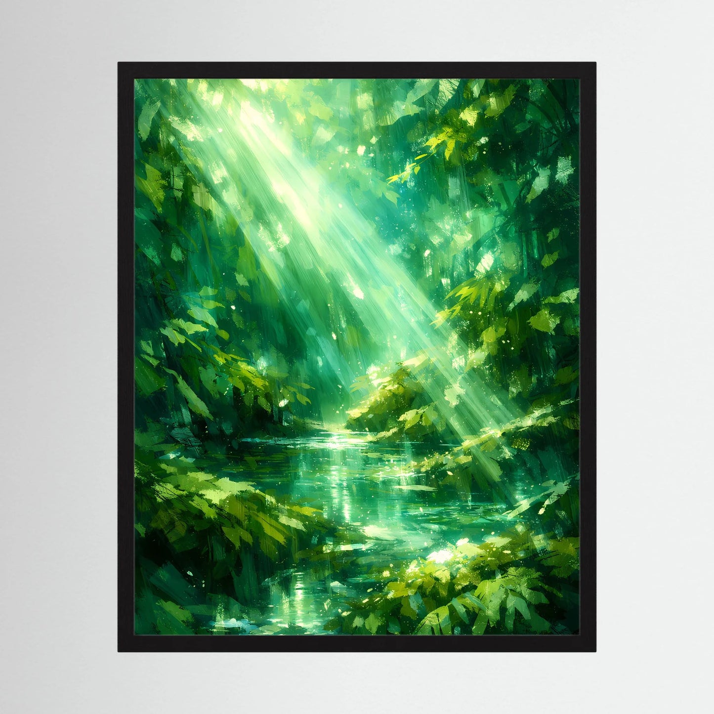 Hochformat-Poster mit grünem Waldsee und Sonnenstrahlen, schwarzer Rahmen