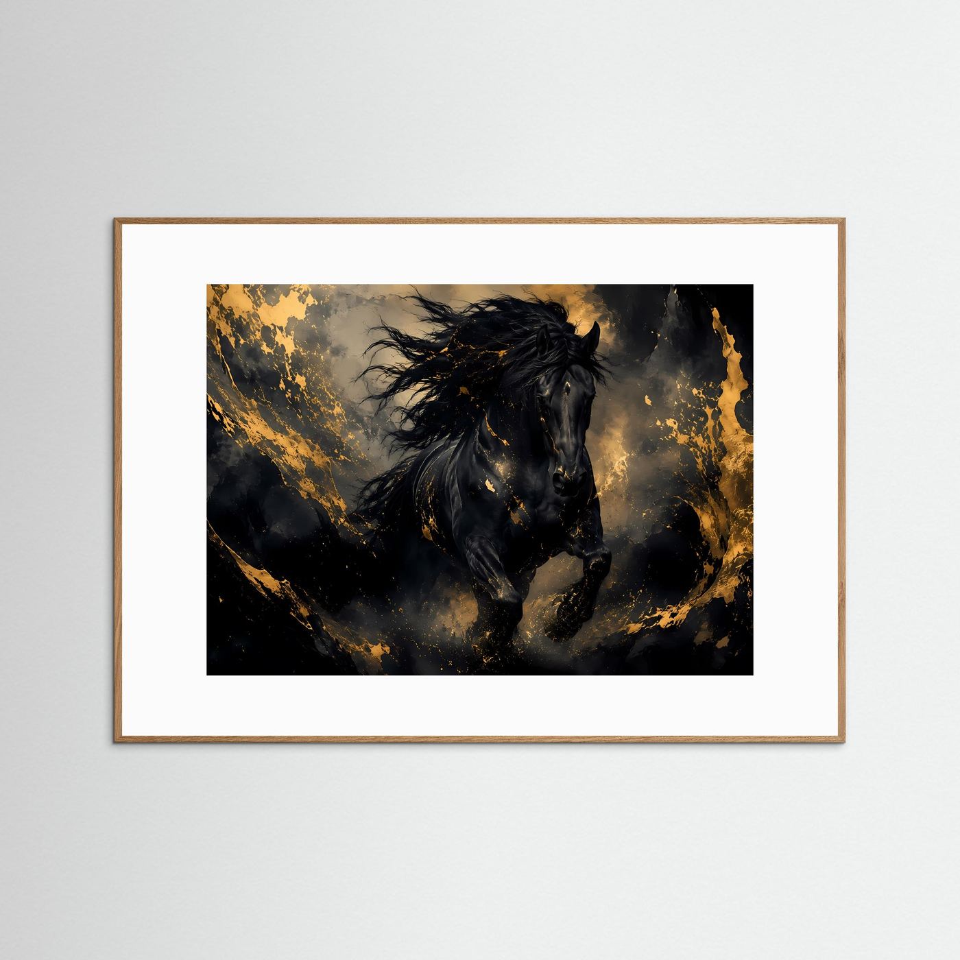 Tier-Poster mit schwarzem Pferd und goldenen Akzenten, hellbrauner Rahmen
