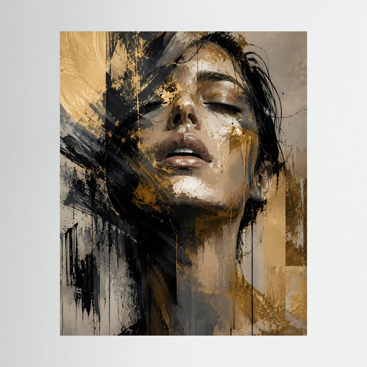 Hochformatiges Poster mit abstraktem Frauenporträt in Gold und Schwarz