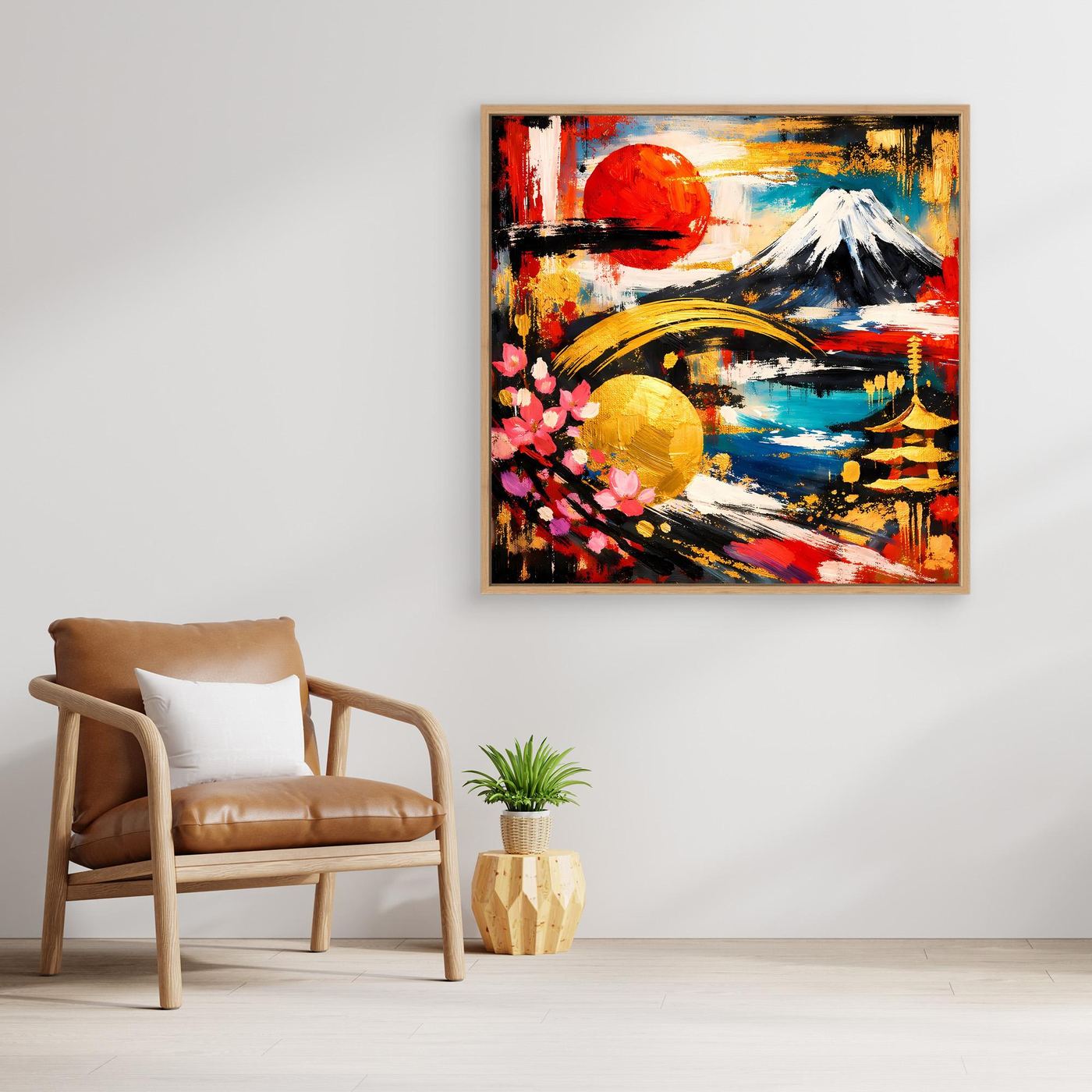 Leinwandbild mit abstraktem Fuji und Kirschblüten, braun gerahmt