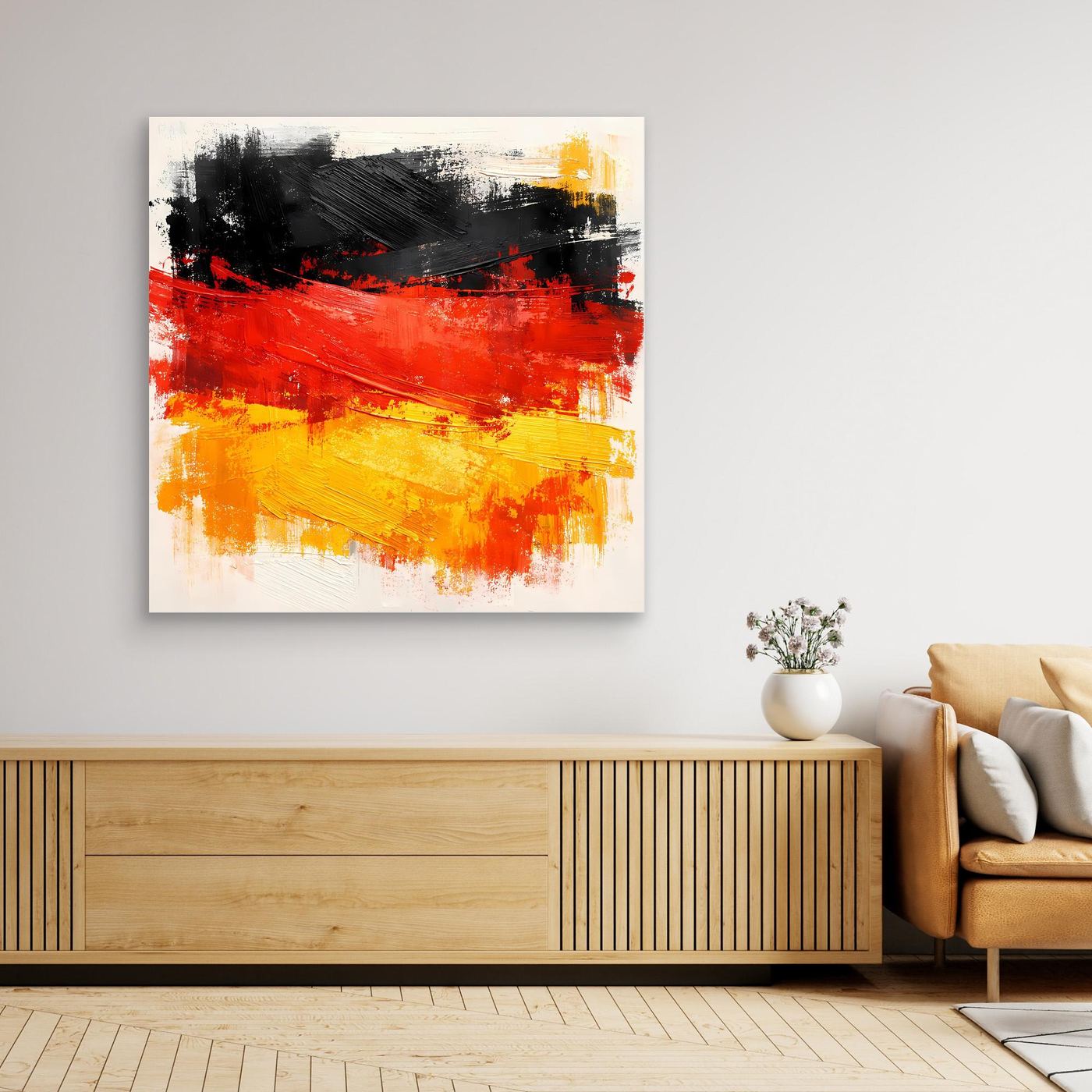 Abstract Germany flag wall art with black, red, and gold brush strokes in light border