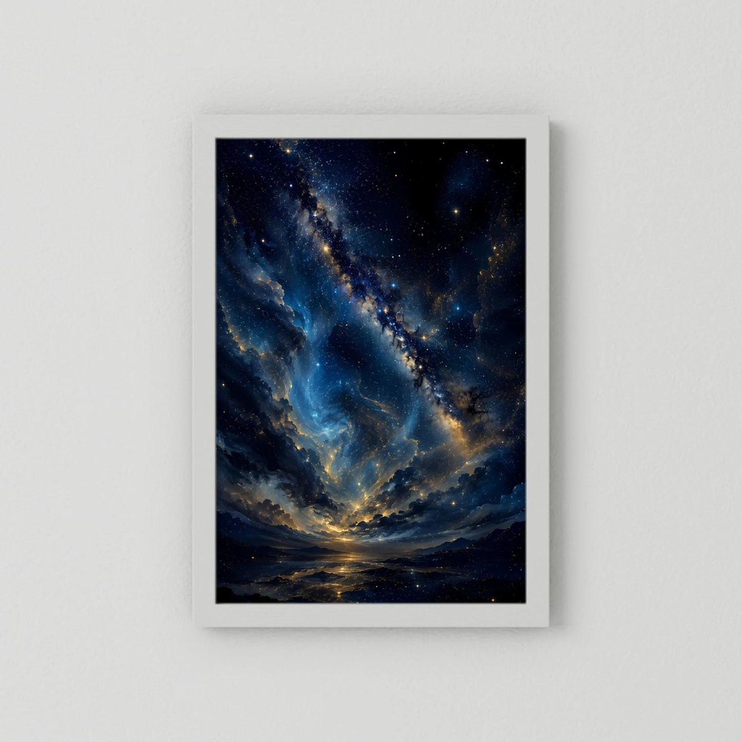 Sternenhimmel in Blau & Gold | Mystische Galaxie über Landschaft | Poster Hochformat