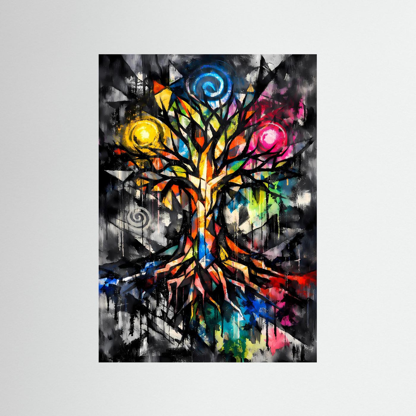 Die Energie des Lebens | Farbenfrohes Lebensbaum Poster in bunten Farben & Schwarz | Abstraktes Kunstposter Hochformat