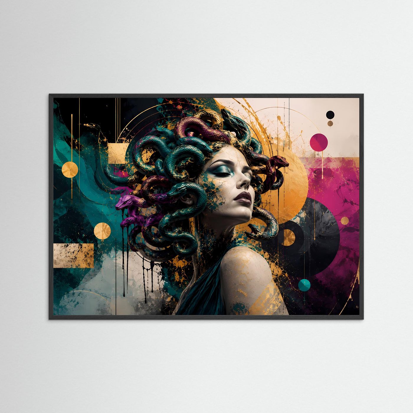 Medusa Poster Bunt Modern | Abstrakte Mythologie Wandkunst | Geometrische Fantasy Kunst | Farbenfrohe Gorgone | Premium Leinwand