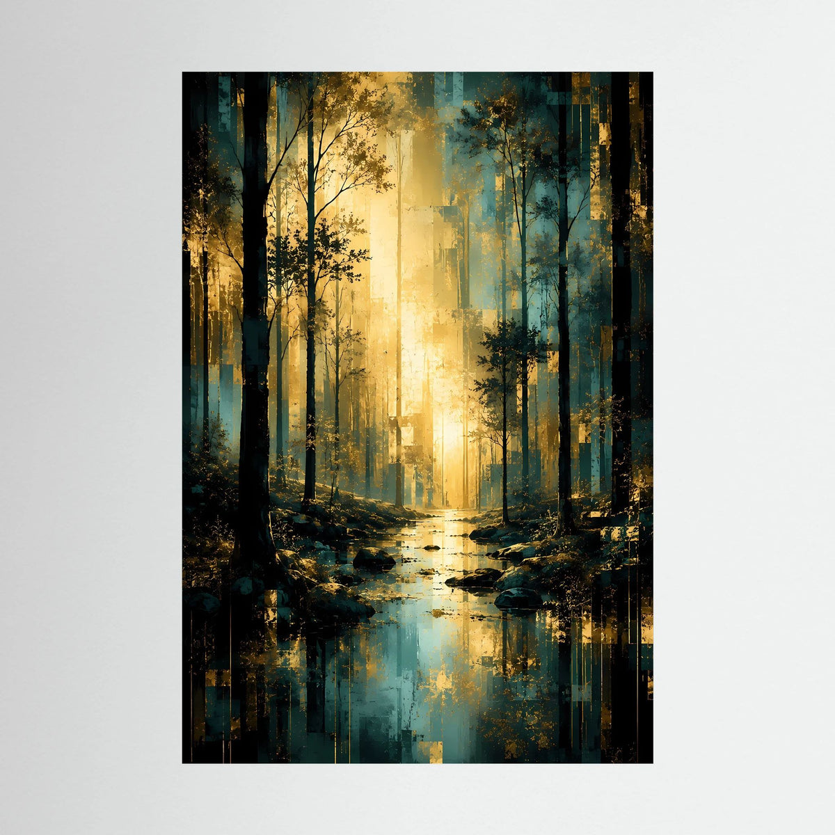 Hochformatiges Poster Waldweg in Türkis und Gold, schwarzer Rahmen