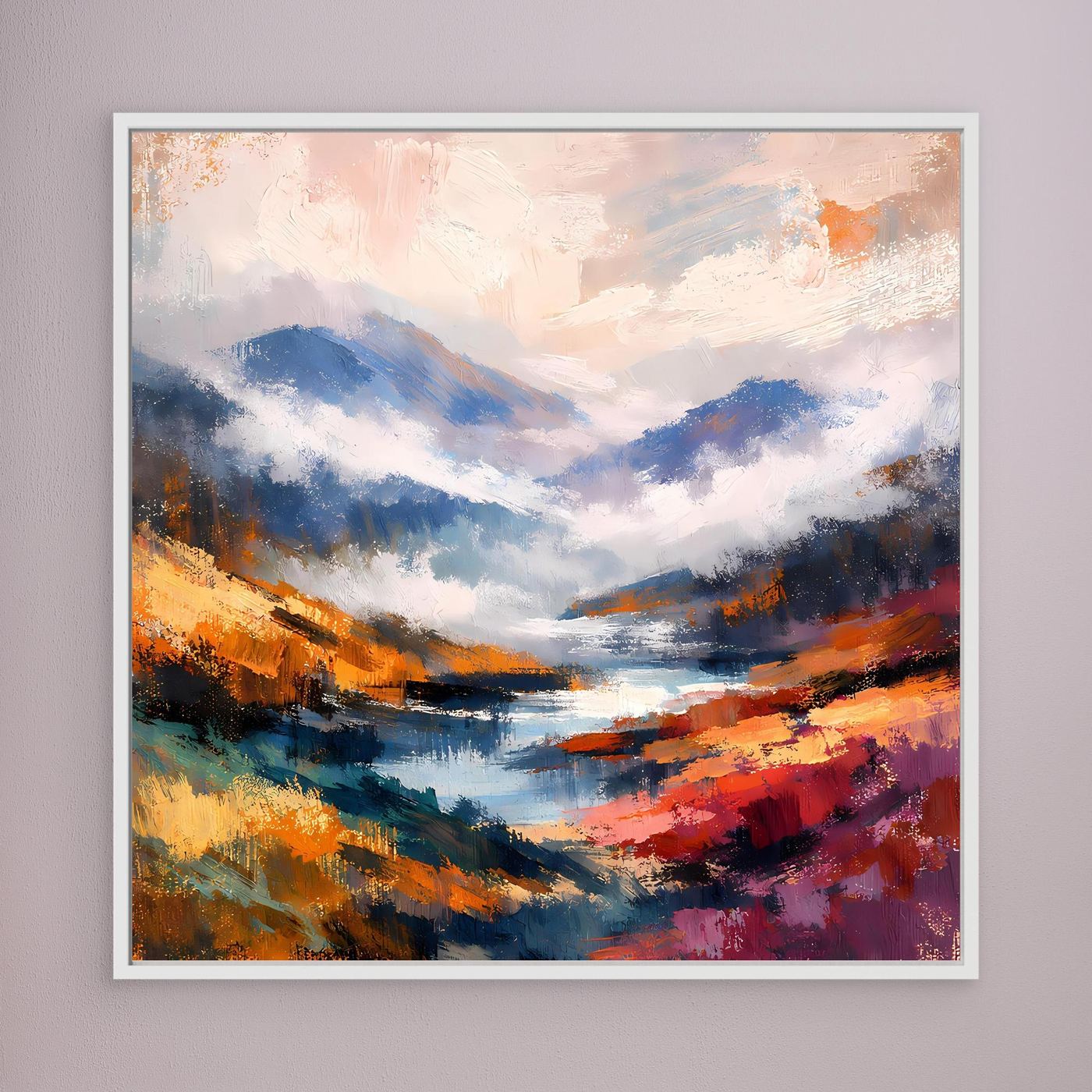 Leinwand-Wandbild: abstrakte Berglandschaft mit Fluss, weißer Rahmen, Farbverlauf in Blau und Rot.