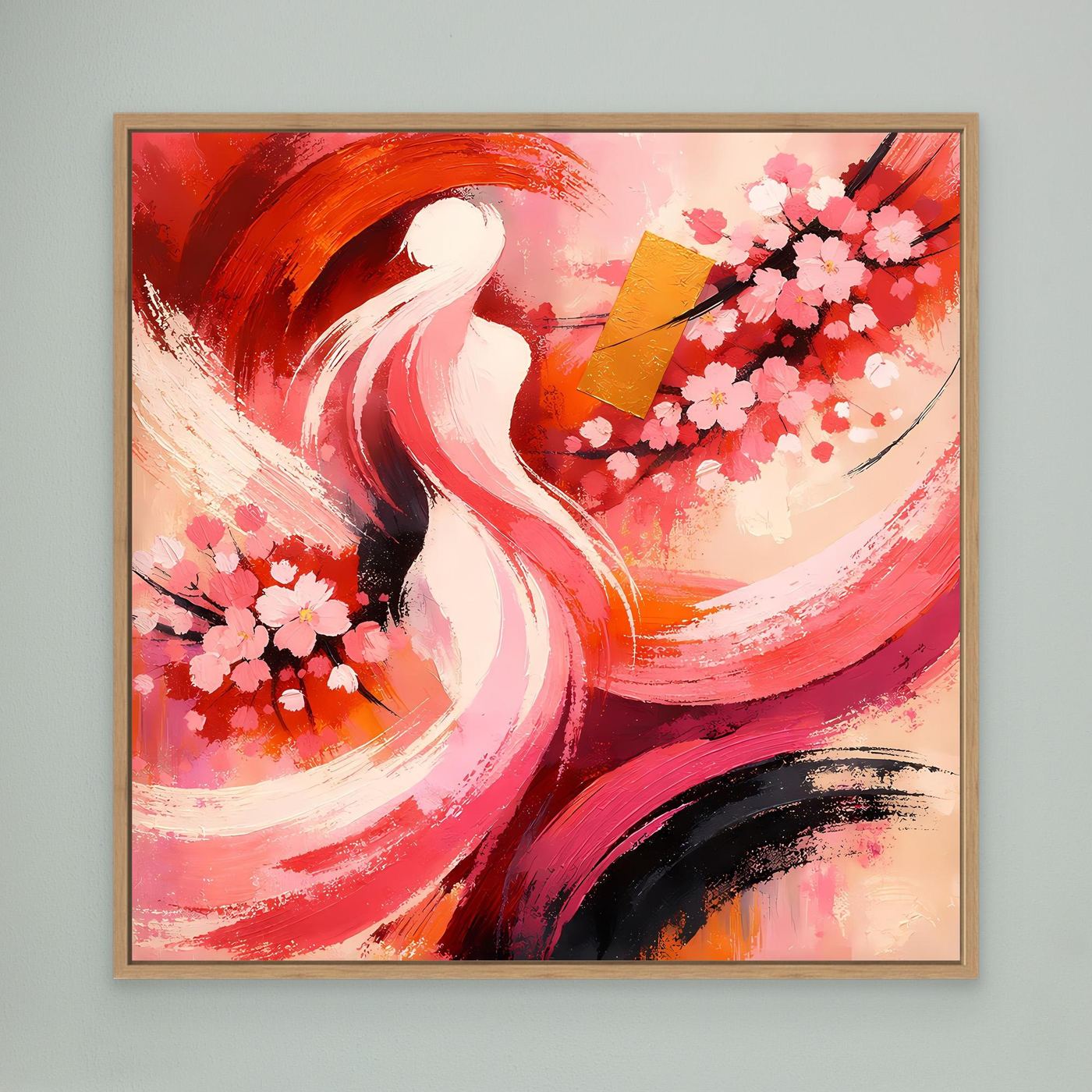 Abstraktes Wandbild mit Holzrahmen: Kirschblüten, weiße Frauensilhouette, rote und rosa Pinselstriche