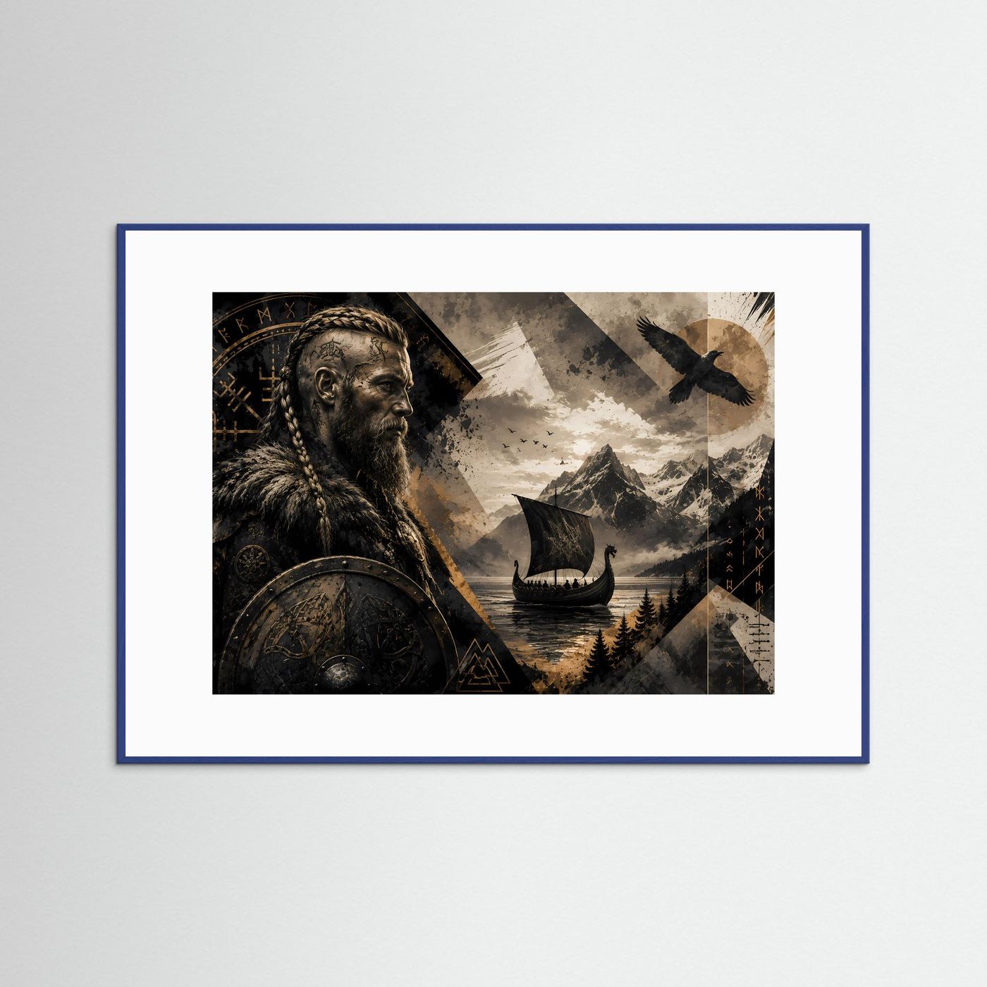 Poster mit Wikinger-Krieger, Langschiff und Rabenmotiv in blauem Rahmen