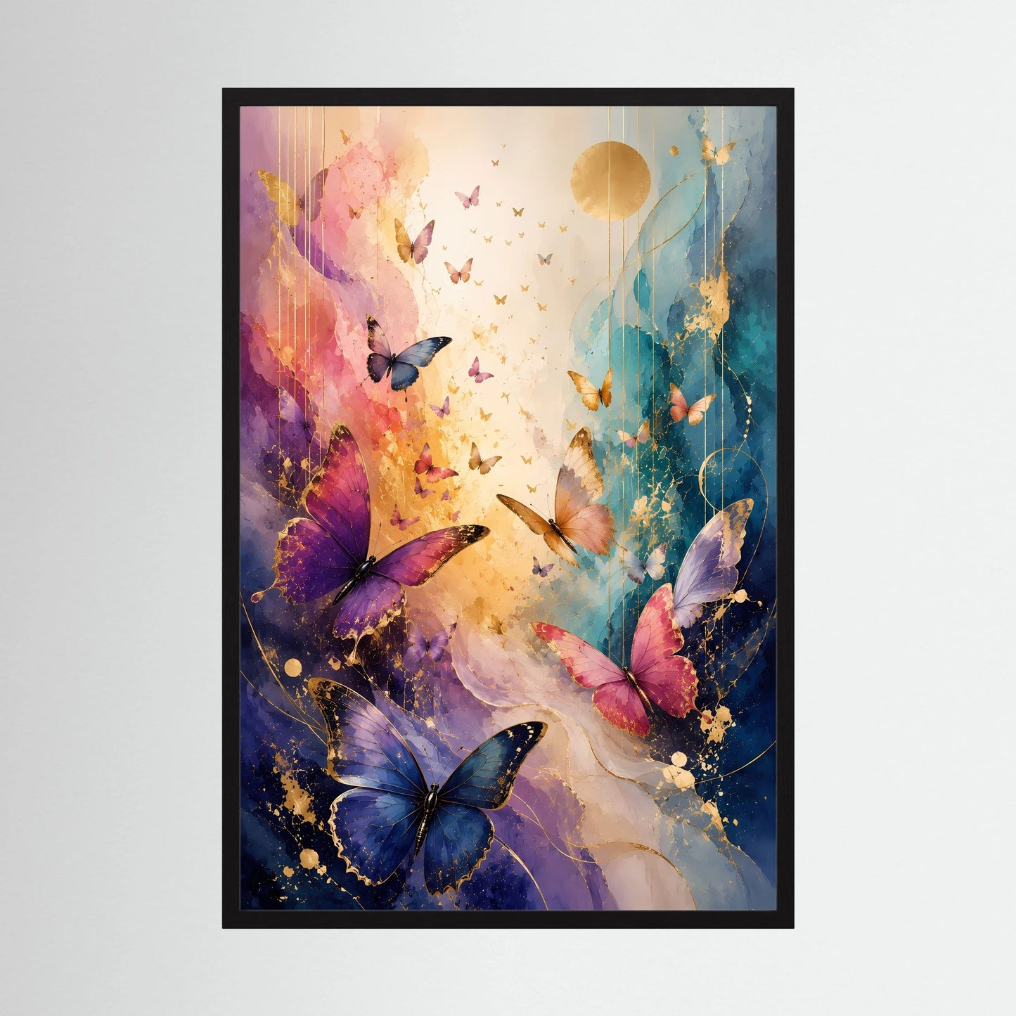Hochformatiges Poster mit bunten Schmetterlingen in Blau, Rosa, Violett und goldenem Glanz, schwarzer Rahmen