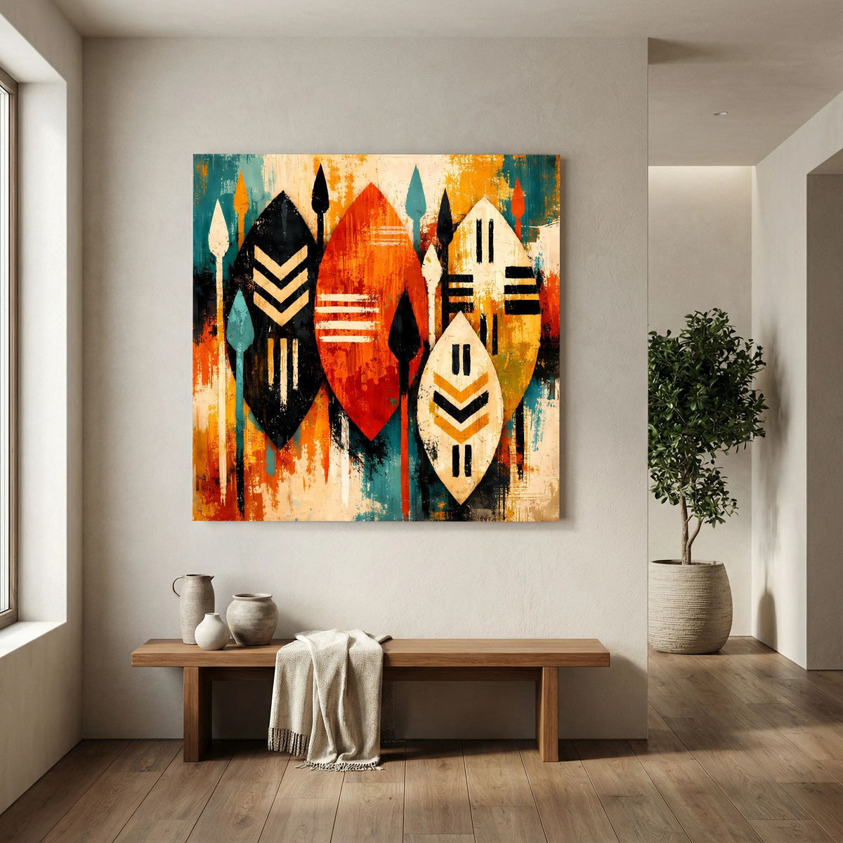 Abstraktes Wandbild mit drei Schildsymbolen, schwarze Ränder und orange-teal Farbflächen