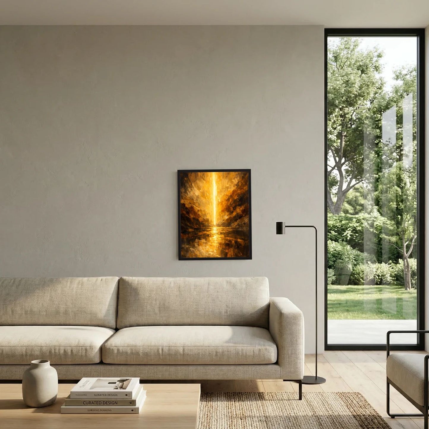 Quadratisches Wandbild im schwarzen Rahmen, goldene Lichtspalte im abstrakten Canyon