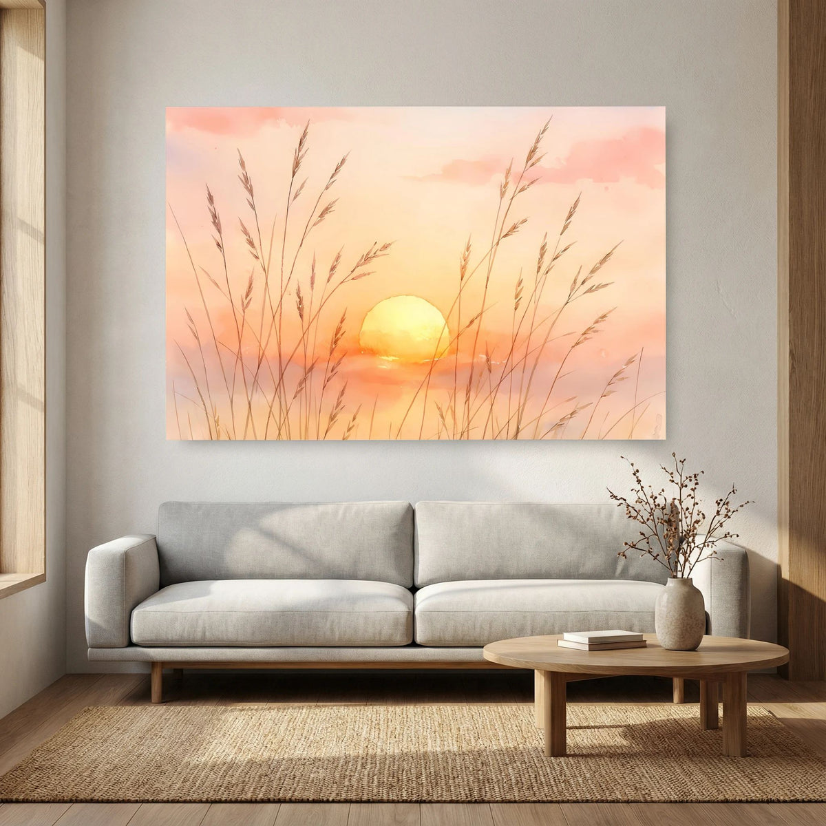 Wandbild im Querformat mit Abendhimmel, goldener Sonne und zarten Gräsern