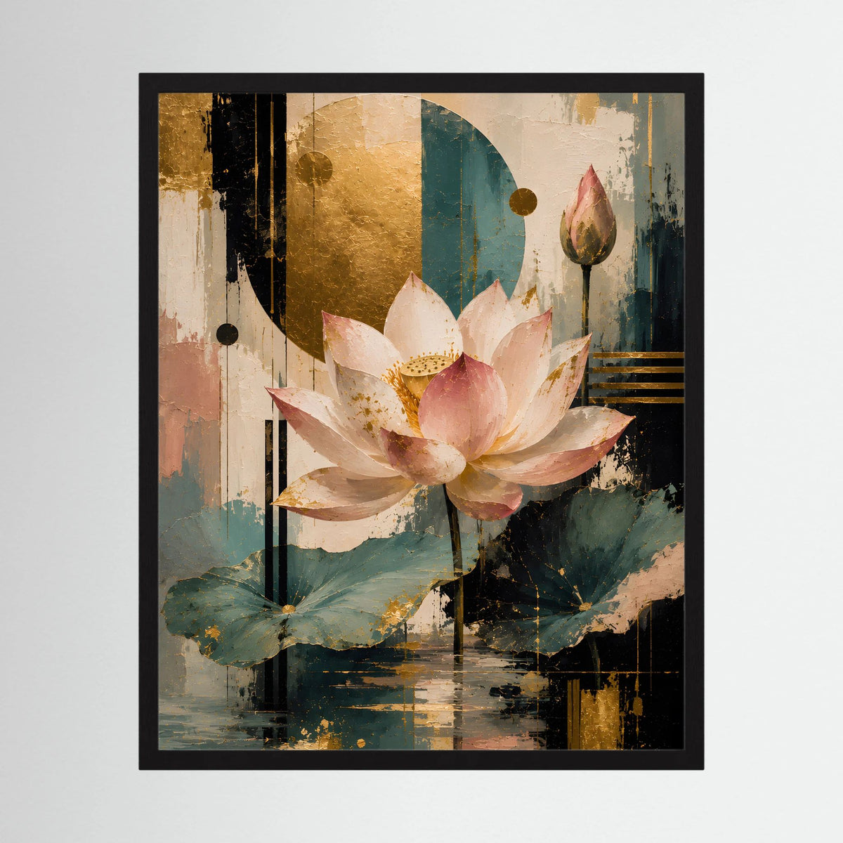 Gerahmtes Hochformat-Poster mit Lotusblüten in Rosa/Gold und abstrakten türkisfarbenen Flächen