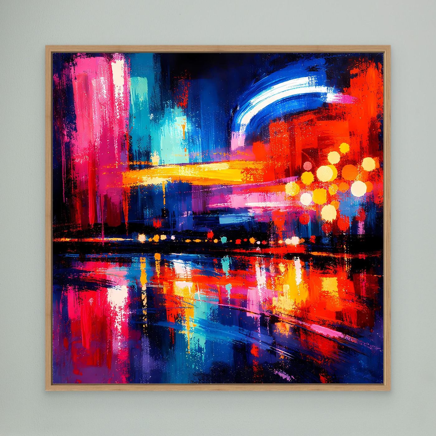 Abstraktes Leinwand-Wandbild (Eiche) mit Stadt-Skyline in Blau, Rot und Gelb