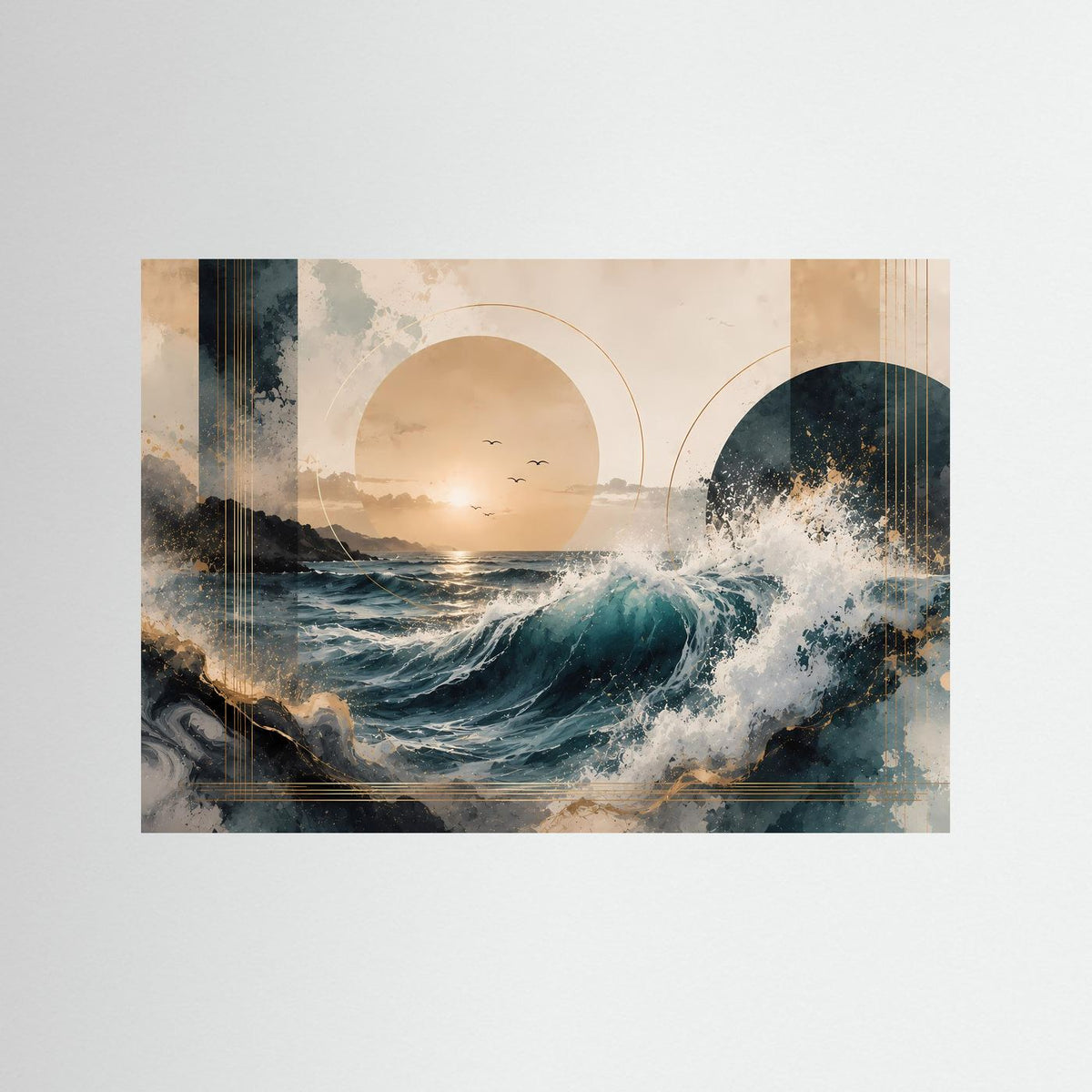 Abstraktes Meerwellen-Poster im Querformat, Blau und Gold mit Kreisformen.
