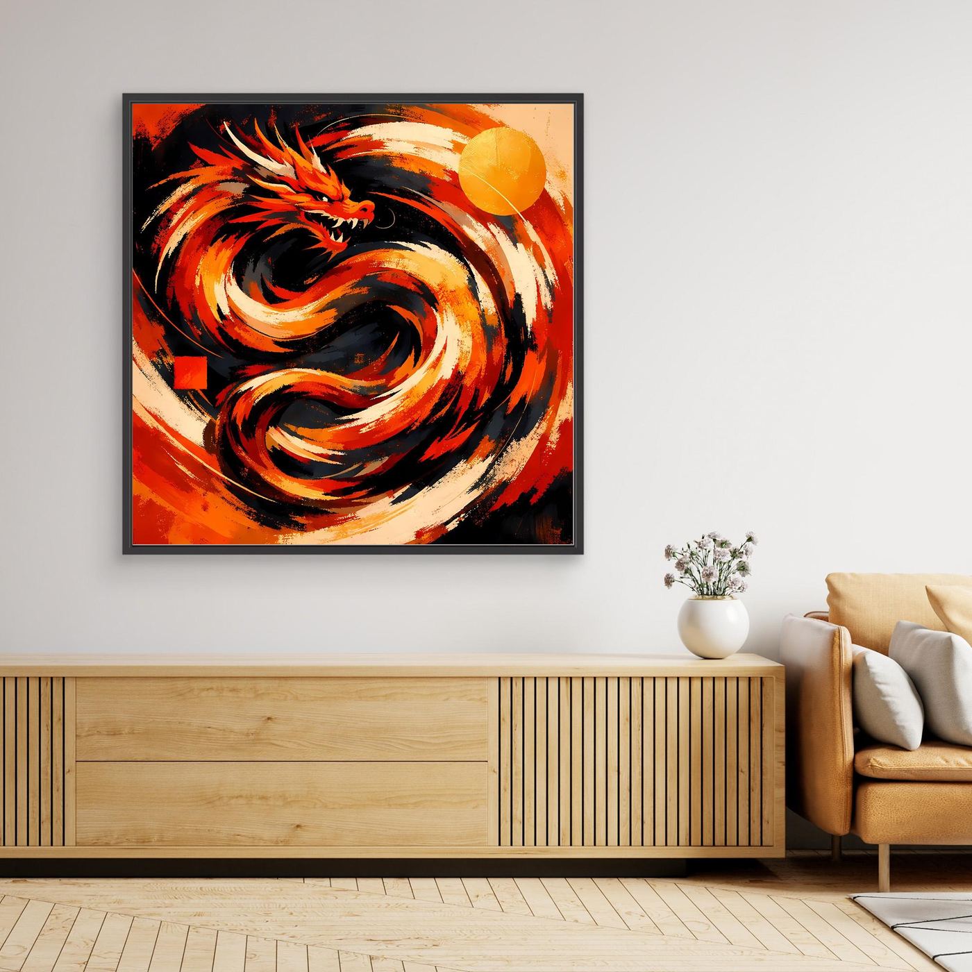 Leinwand-Wandbild mit abstraktem Drachen in Rot, Schwarz und Orange, schwarzer Rahmen