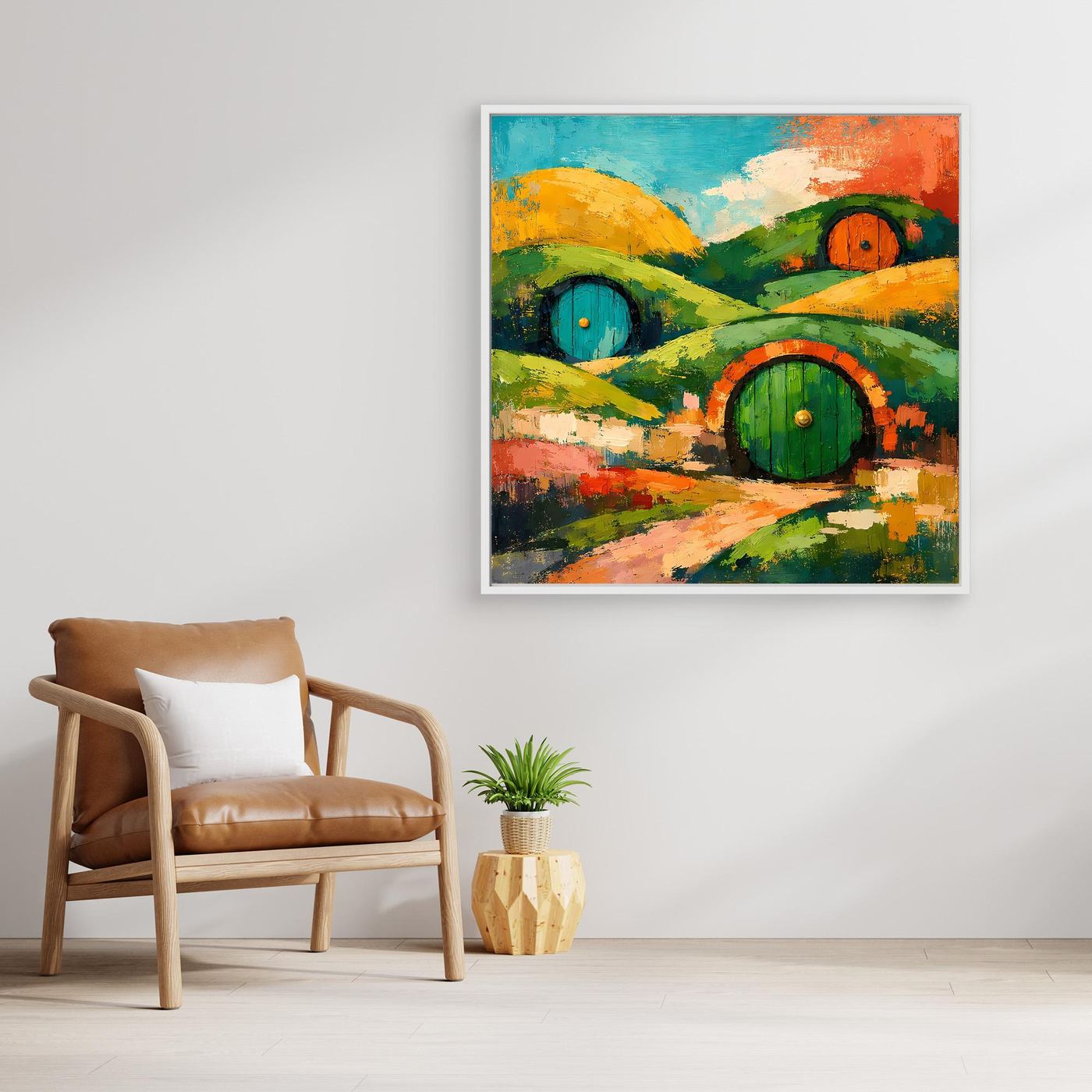 Abstraktes Wandbild auf Leinwand: grüne Hügel mit Fantasy-Gebäuden, kräftige Orange- und Blautöne
