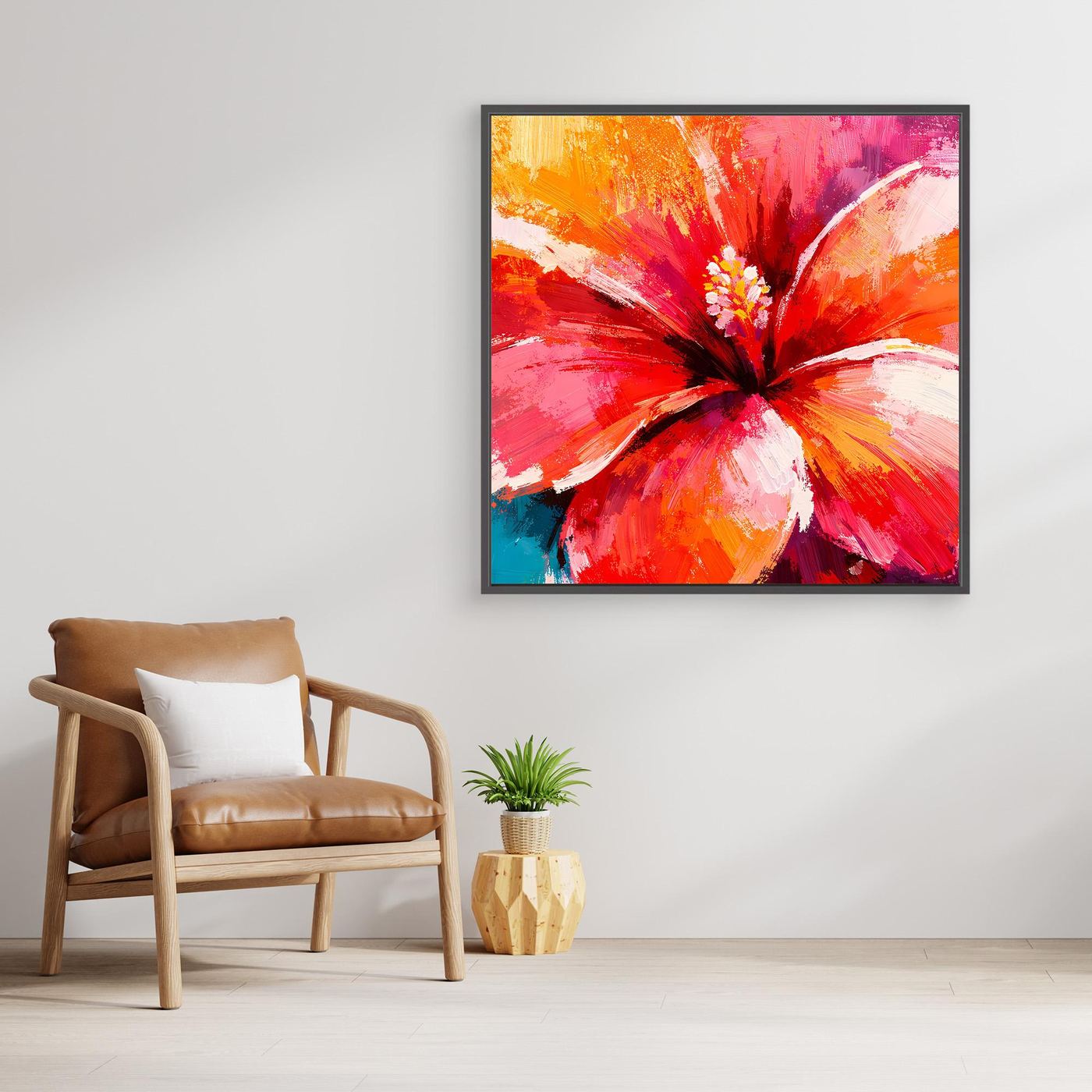 Leinwand Abstraktes Hibiskus Blütenbild | Modernes Tropen Wandbild Rot Pink