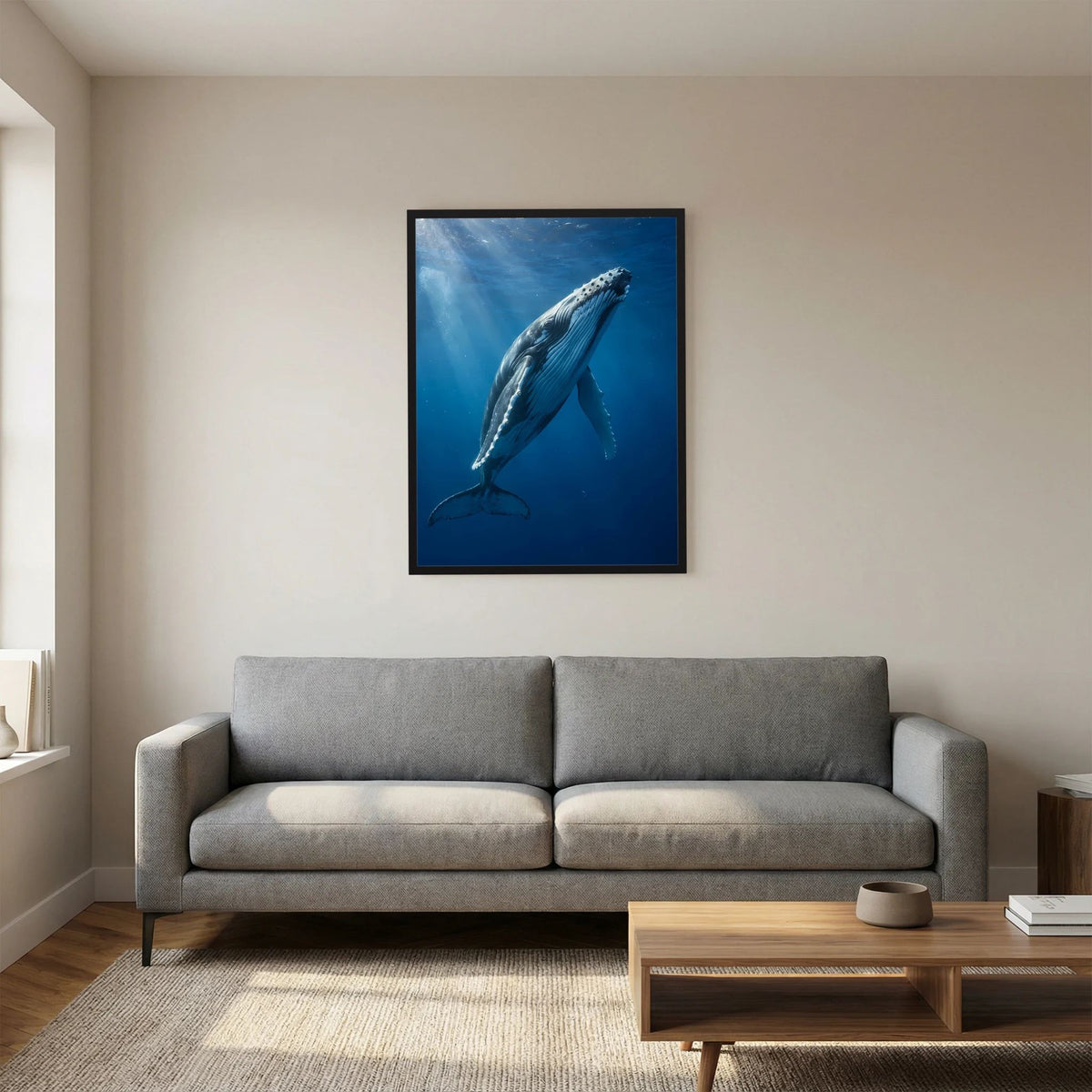 Hochformatiges Poster mit schwarzem Rahmen: Buckelwal unter Wasser