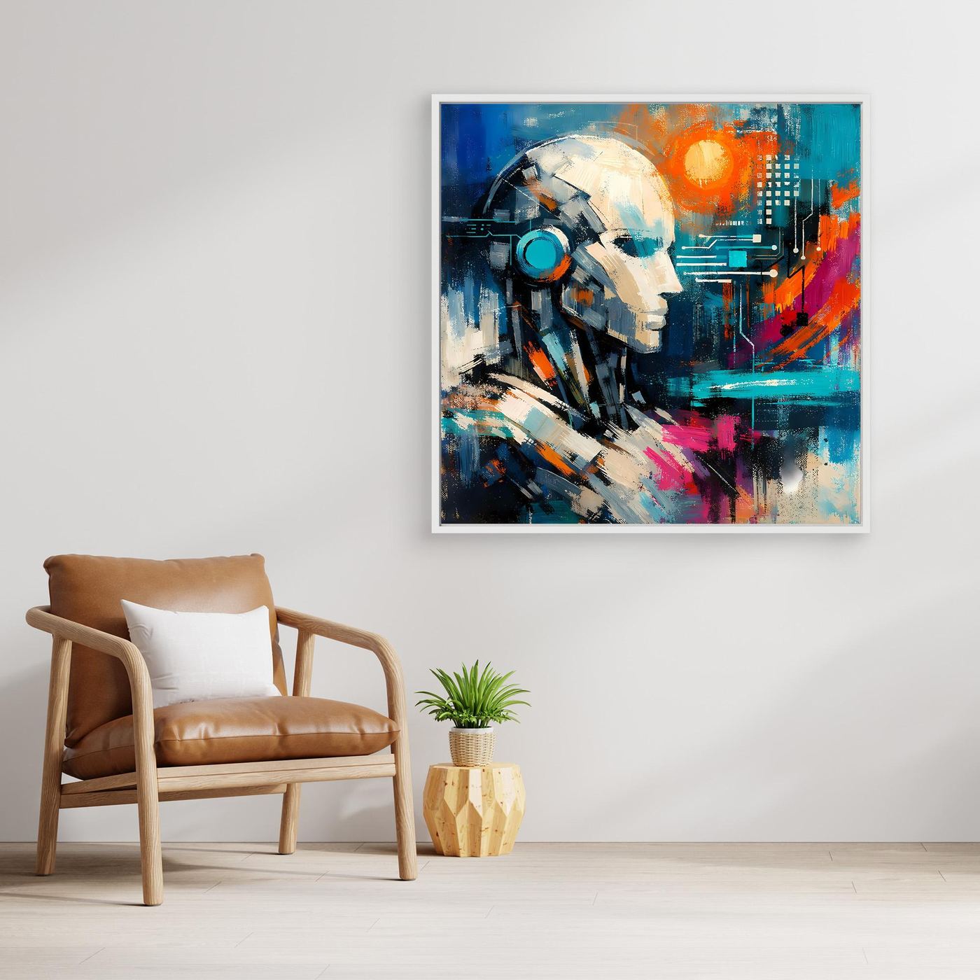Abstract cybernetic mind wall art print with robot face, blue and orange, white frame