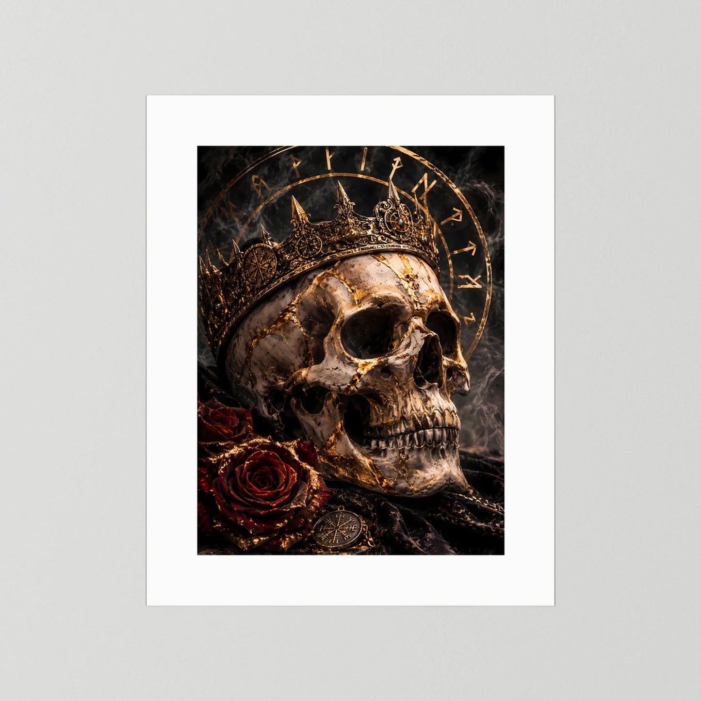 Hochformat-Poster im weißen Passepartout: Totenkopf mit Krone, Rosen und Runenkreis