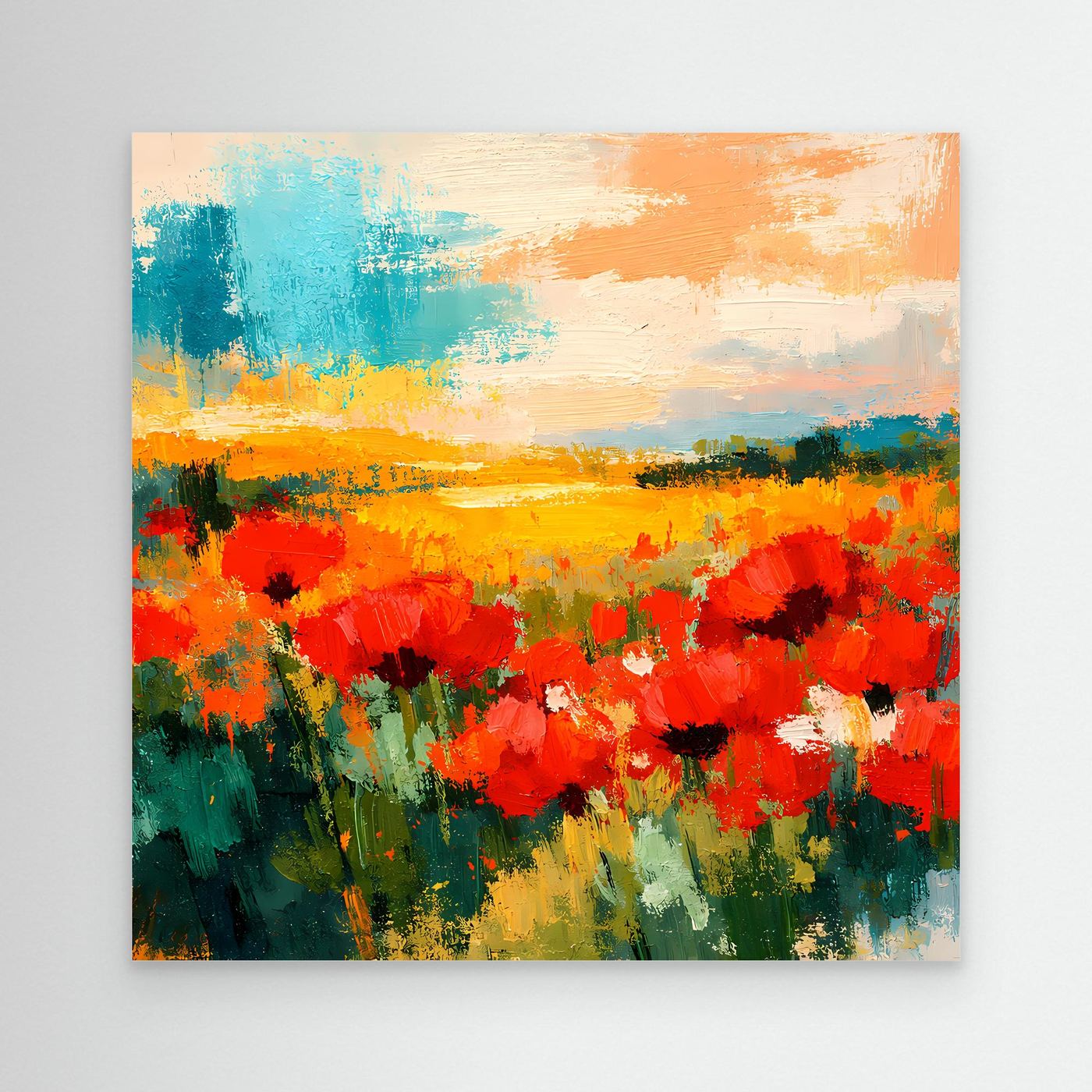 Abstract poppy field canvas wall art with red flowers and yellow-orange sky