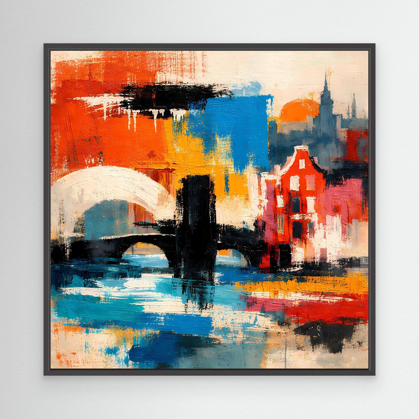 Leinwand-Wandbild mit abstrakter Stadtansicht in Rot, Blau und Gelb, schwarzer Rahmen