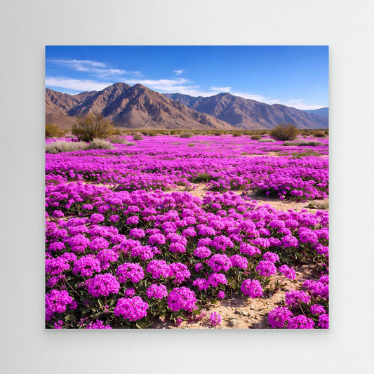 Leinwandbild mit violettem Blütenfeld in der Wüste und Bergpanorama, ohne Rahmen