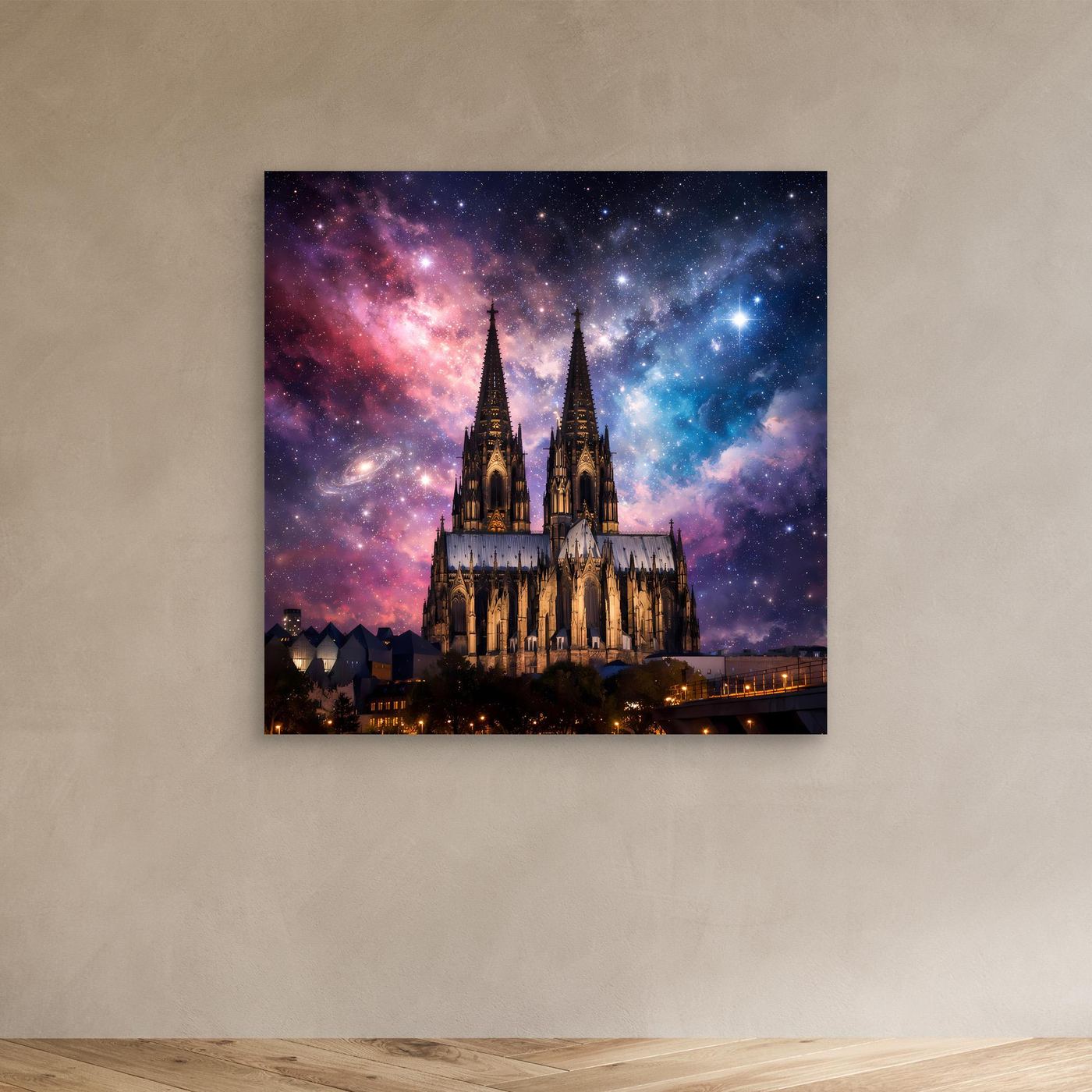 Leinwand Kosmischer Kölner Dom bei Nacht | Abstraktes Galaxie Wandbild