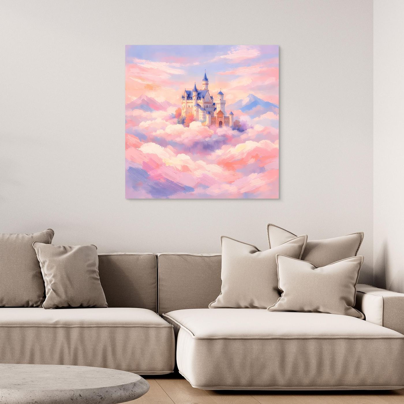 Leinwand Schloss Neuschwanstein über Wolken | Märchenhafte Pastelltöne Wandbild