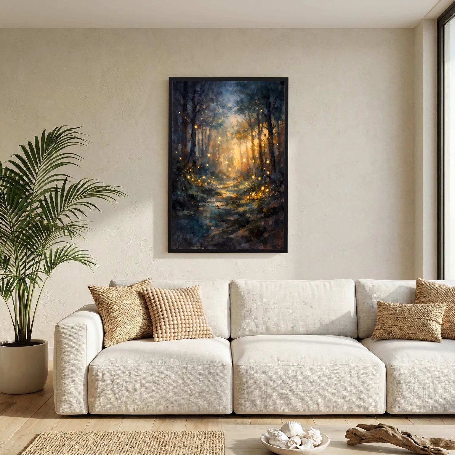 Wandbild im Hochformat: Dunkler Waldweg mit goldenen Lichtpunkten, schwarzer Rahmen