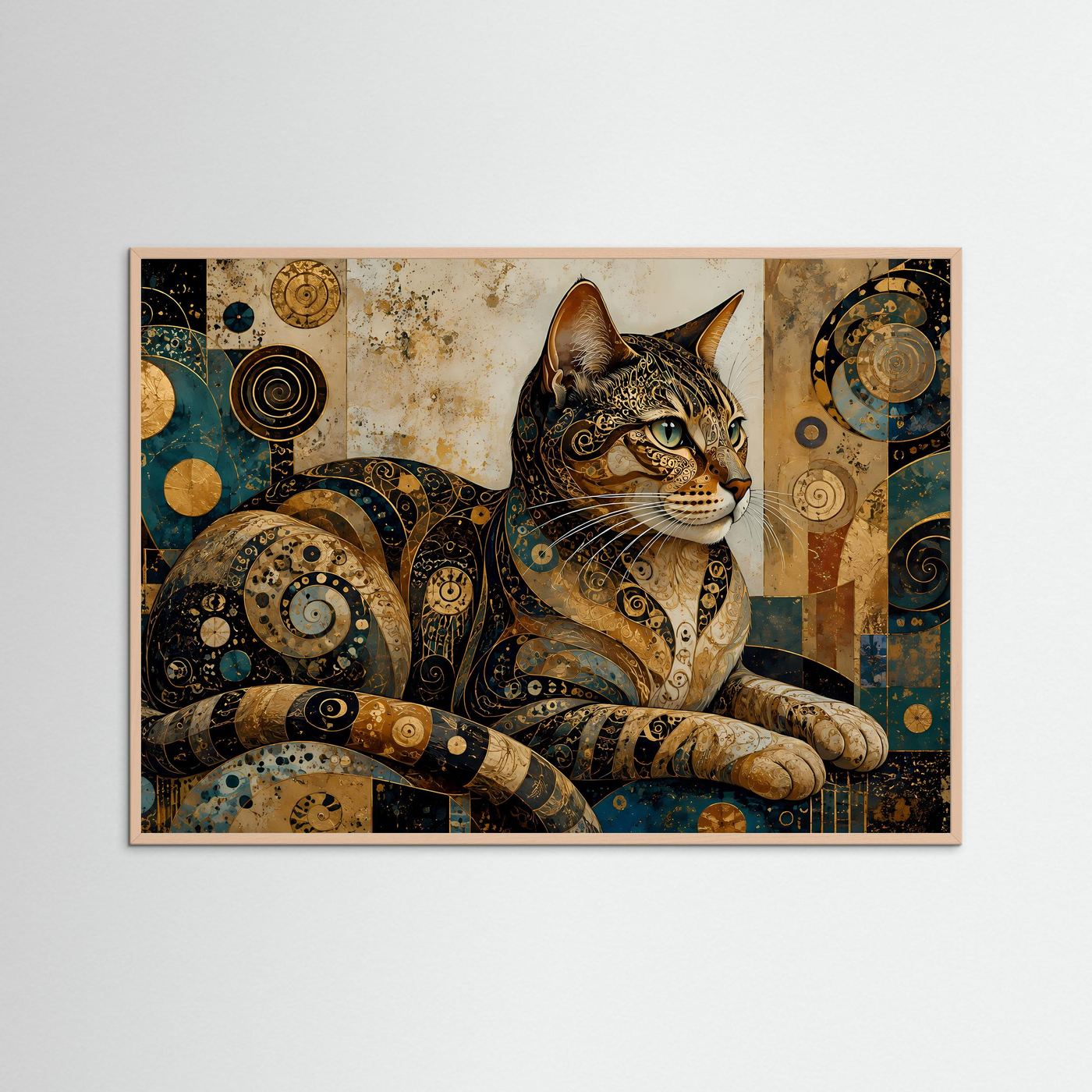 Ornamentales Katzenposter im Querformat mit Roséholzrahmen