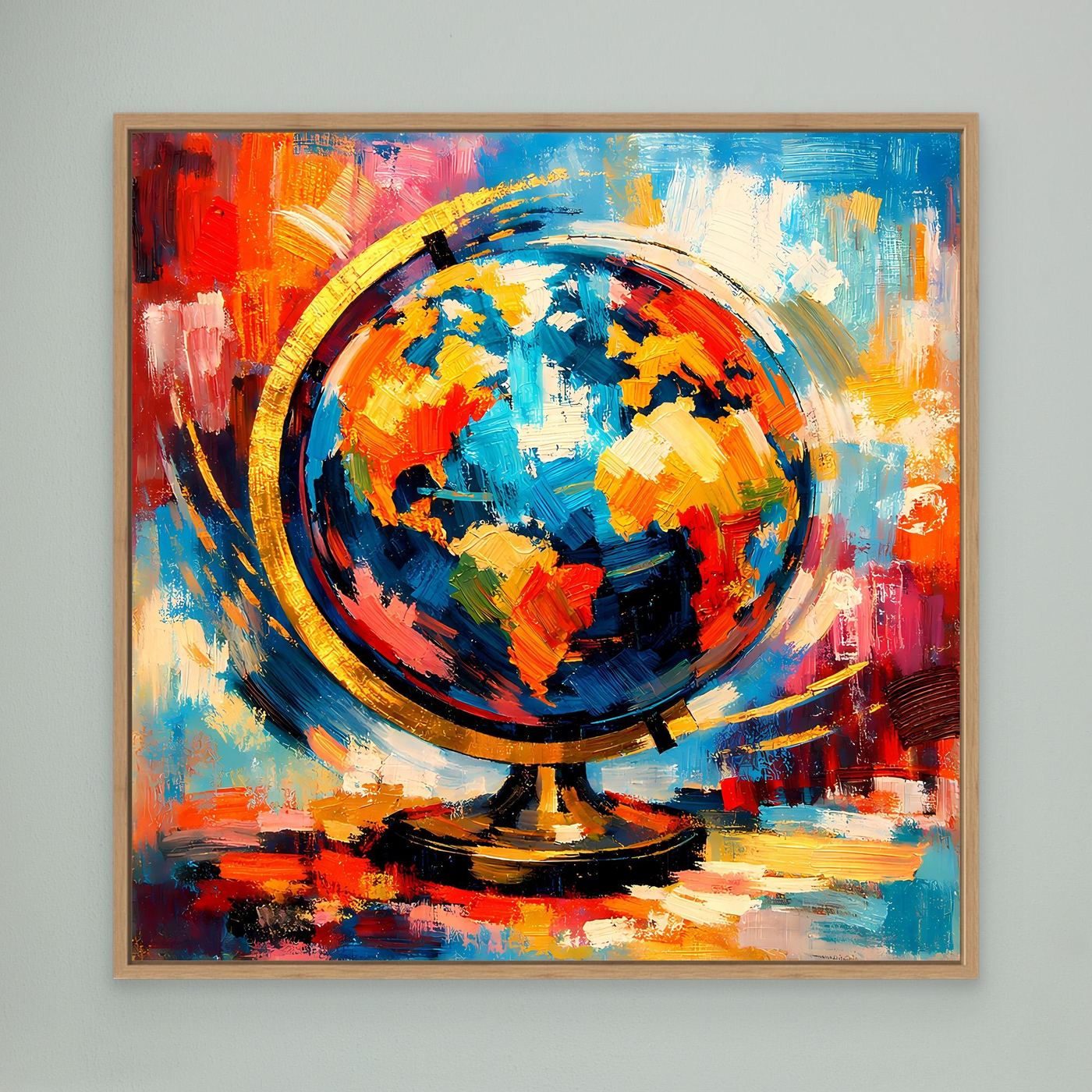 Leinwandbild mit abstraktem Globus und Weltkarte, bunte Pinselstriche, Holzrahmen