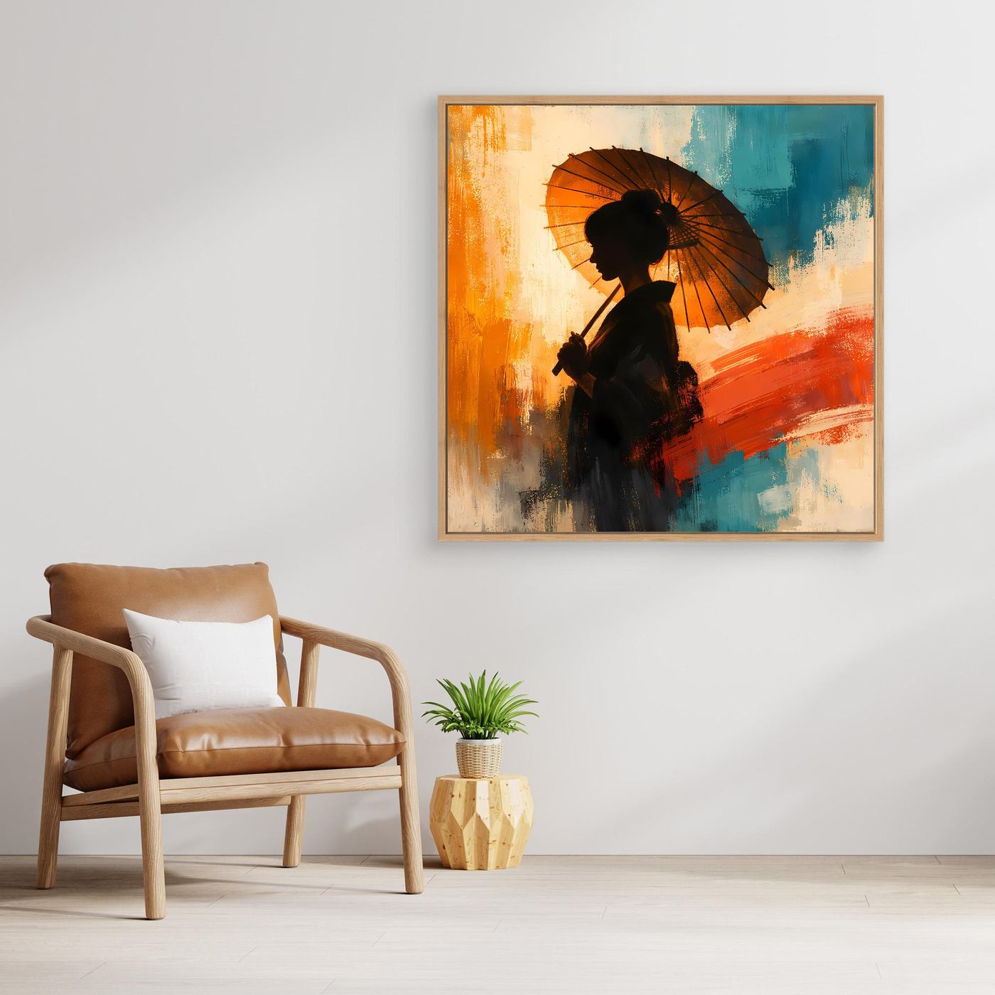 Leinwand Elegante Frau mit Sonnenschirm | Ästhetisches Japanisches Wandbild auf Keilrahmen