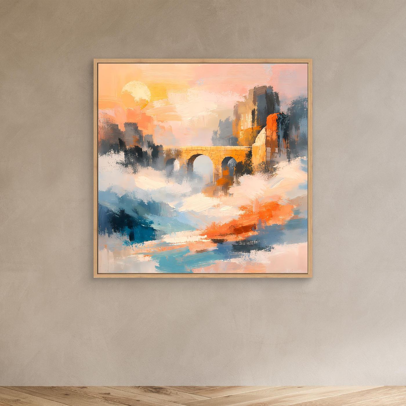 Premium Leinwand Historische Steinbrücke im Nebel | Abstraktes Aquädukt Wandbild im Sonnenaufgang