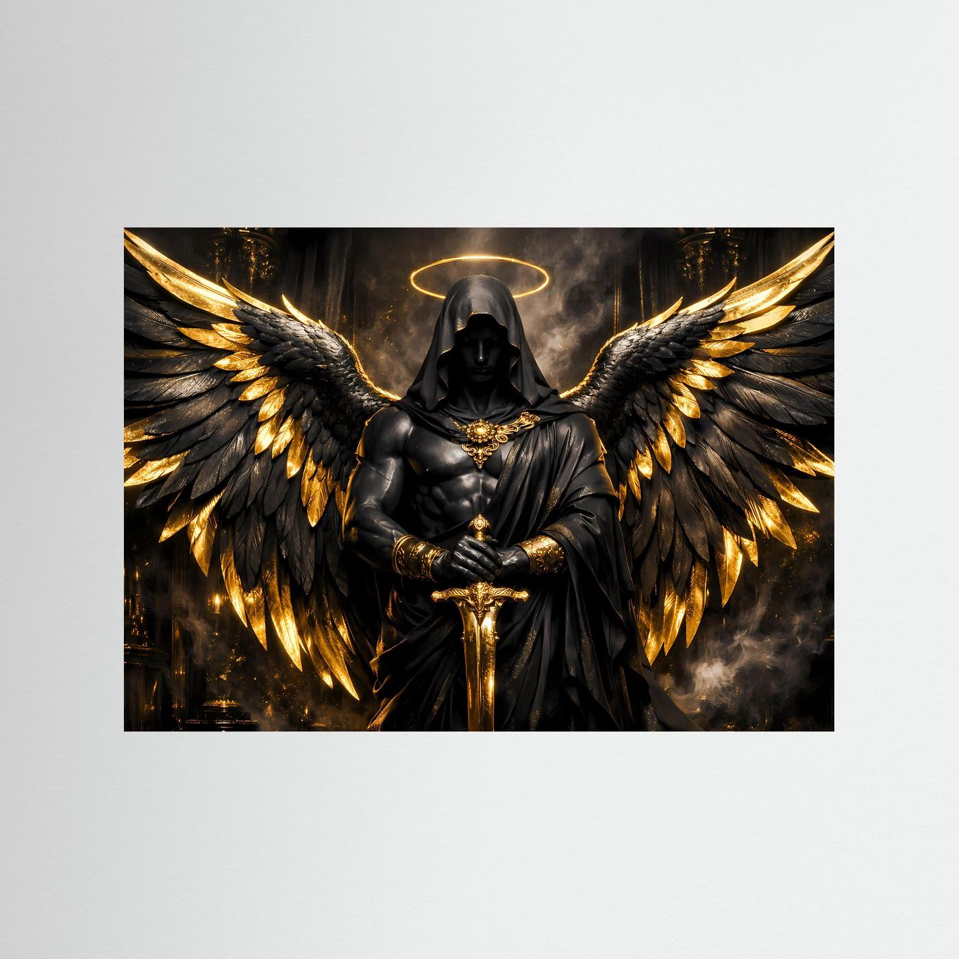 Dunkler Engel mit Goldflügeln & Schwert | Mystisches Wandbild Querformat