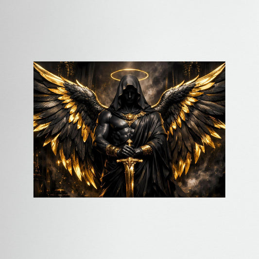 Mystisches Wandbild mit dunklem Engel, goldenen Flügeln und Schwert im Querformat.