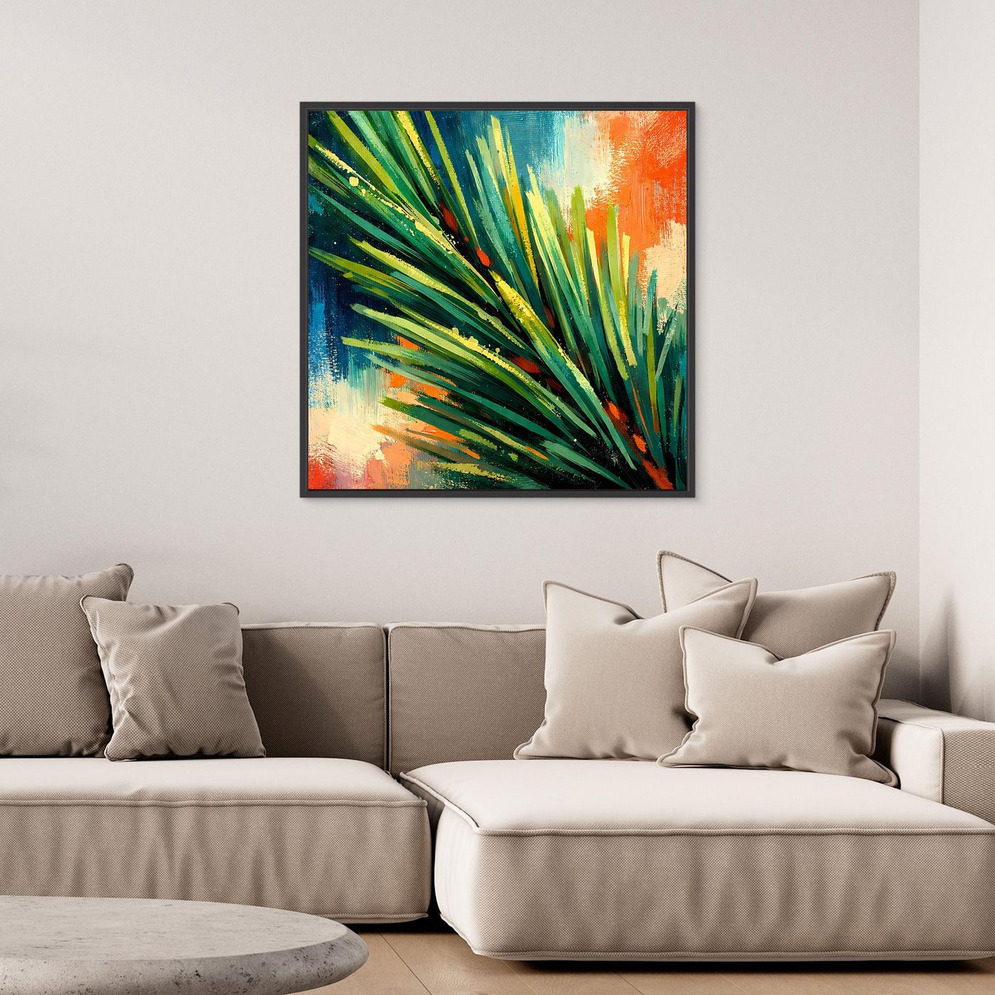 Quadratisches Leinwand-Wandbild mit farbigen Pinselstrichen in Grün, Blau und Orange