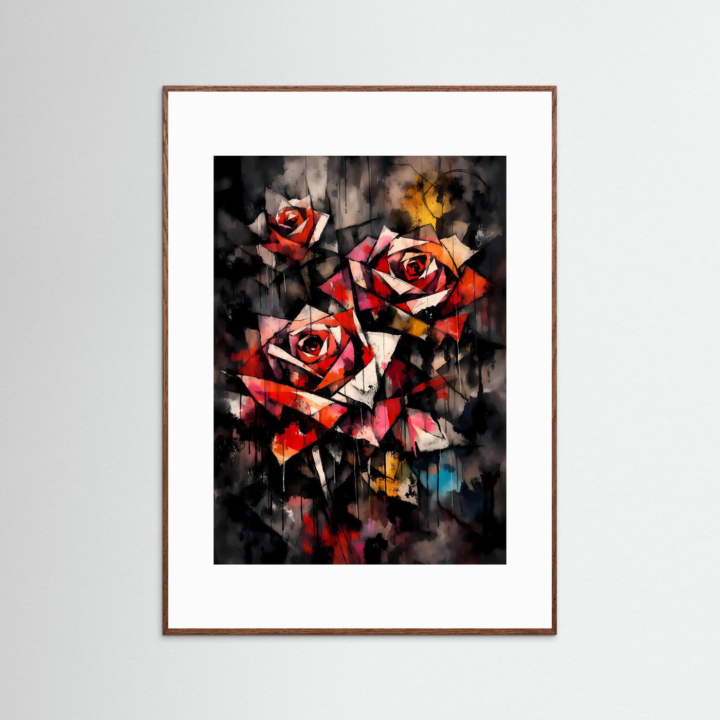 Ewige Eleganz | Abstraktes Rote Rosen Poster im geometrischen Kubismus-Stil | Modernes Blumen Kunstposter Hochformat