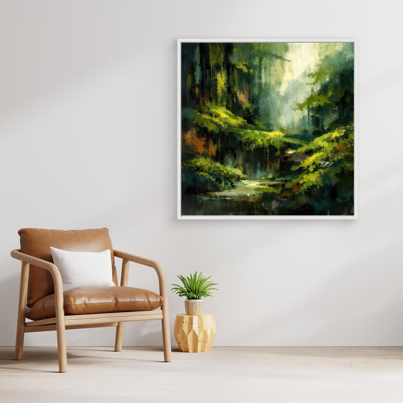 Wandbild mit abstraktem Dschungelpfad, grünes Waldmotiv, silberner Rahmen