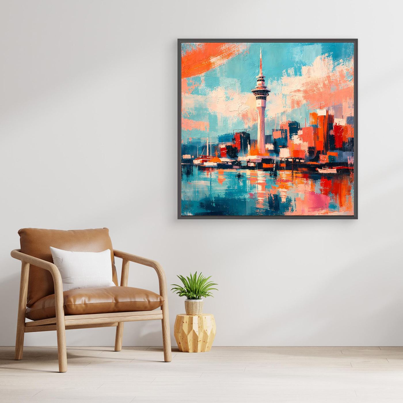 Wandbild mit abstrakter Skyline und Sky Tower, türkis-orange, im dunklen Rahmen