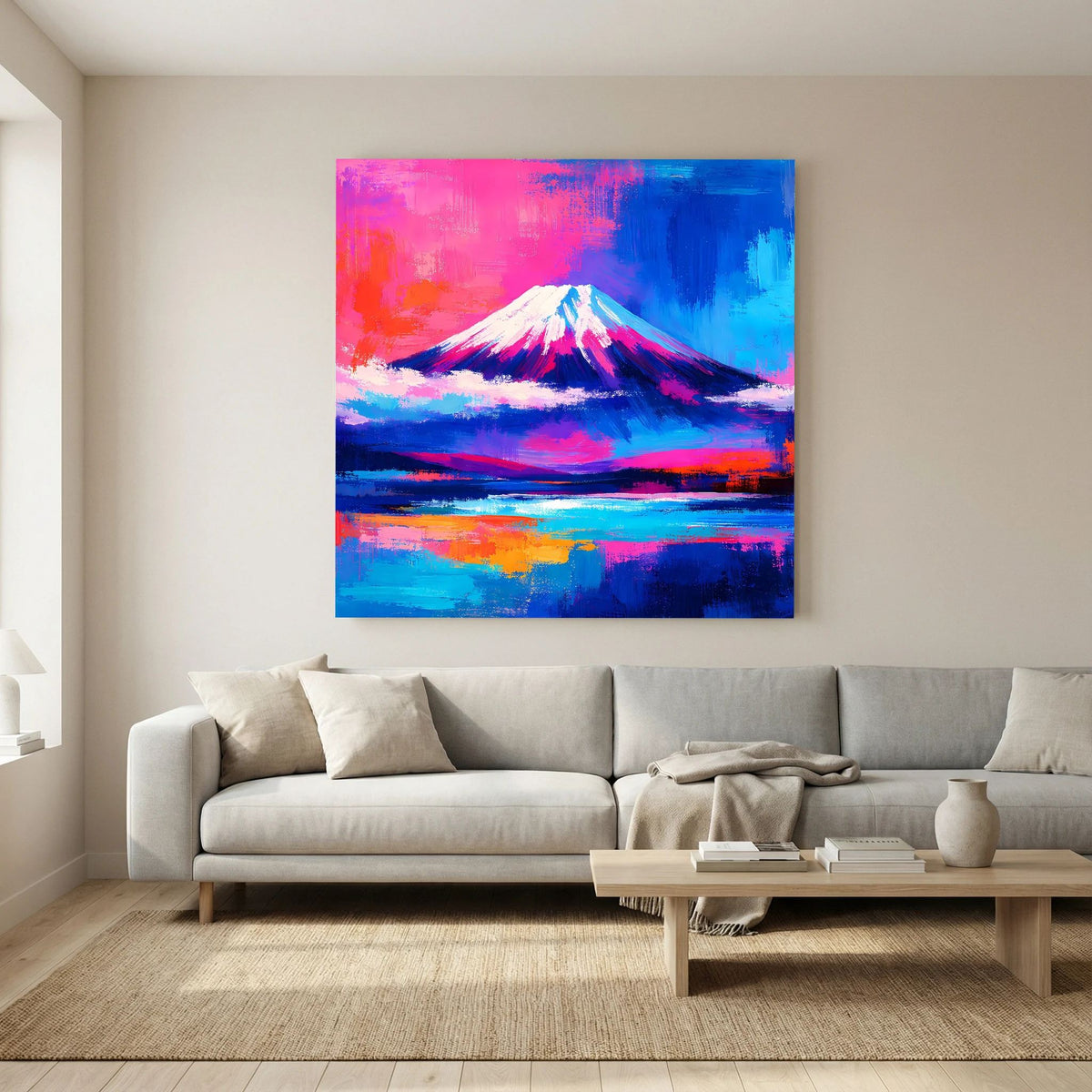 Abstraktes Leinwandbild: Fuji-Berg mit farbigen Pinselstrichen und Wasserreflexion