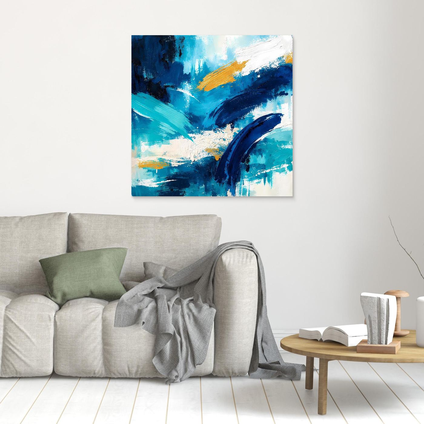 Abstract blue and gold canvas wall art, small no-frame print