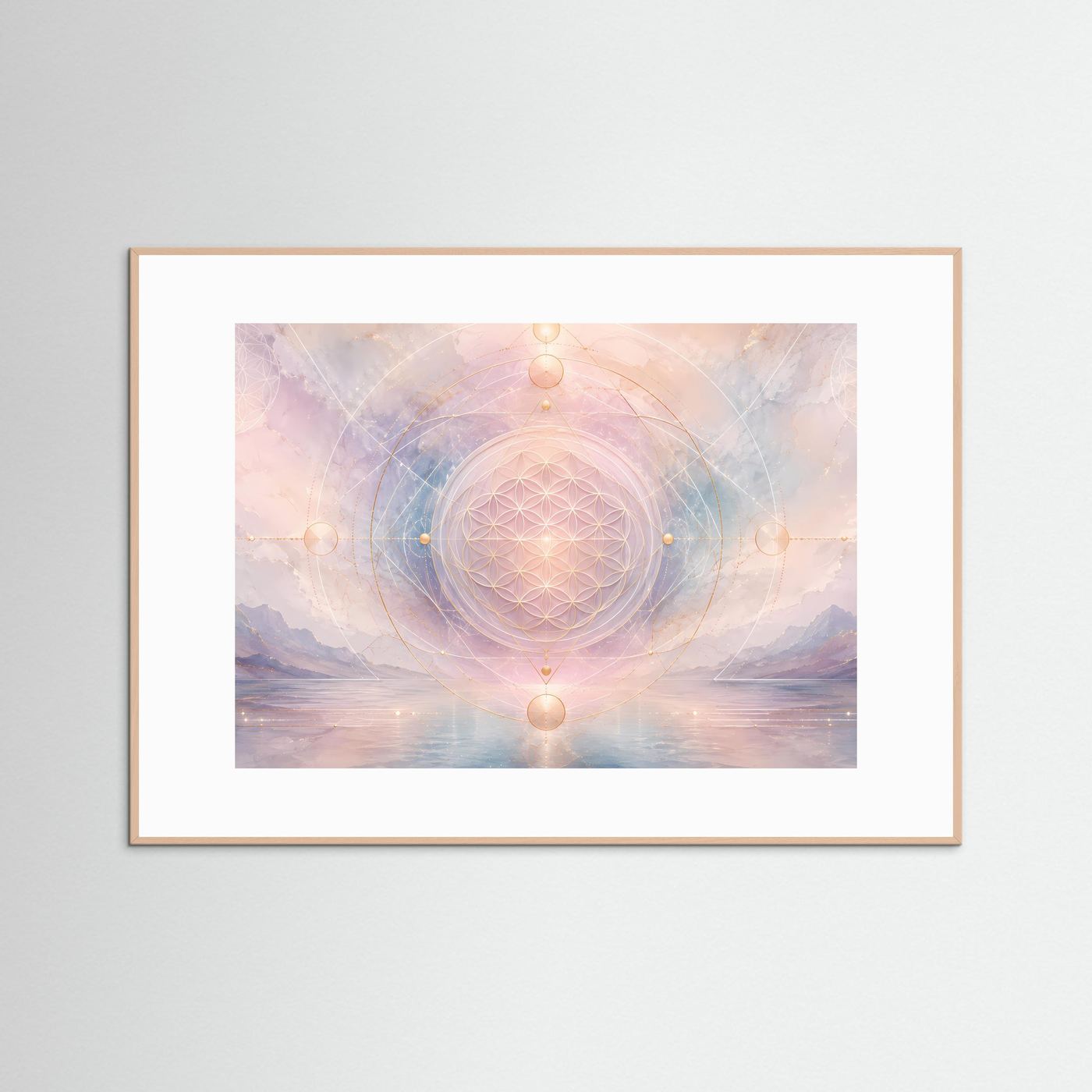 Poster „Blume des Lebens“ im Holzrahmen mit pastellfarbenem Geometrie-Motiv