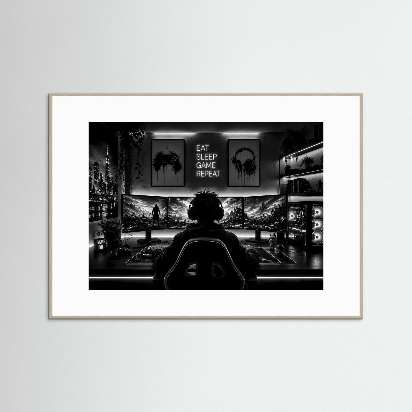 Gaming Poster Schwarz Weiß | Gamer Setup Wandbild | Gaming Room Deko | PC Gaming Kunst | Monochromer Fine Art Print
