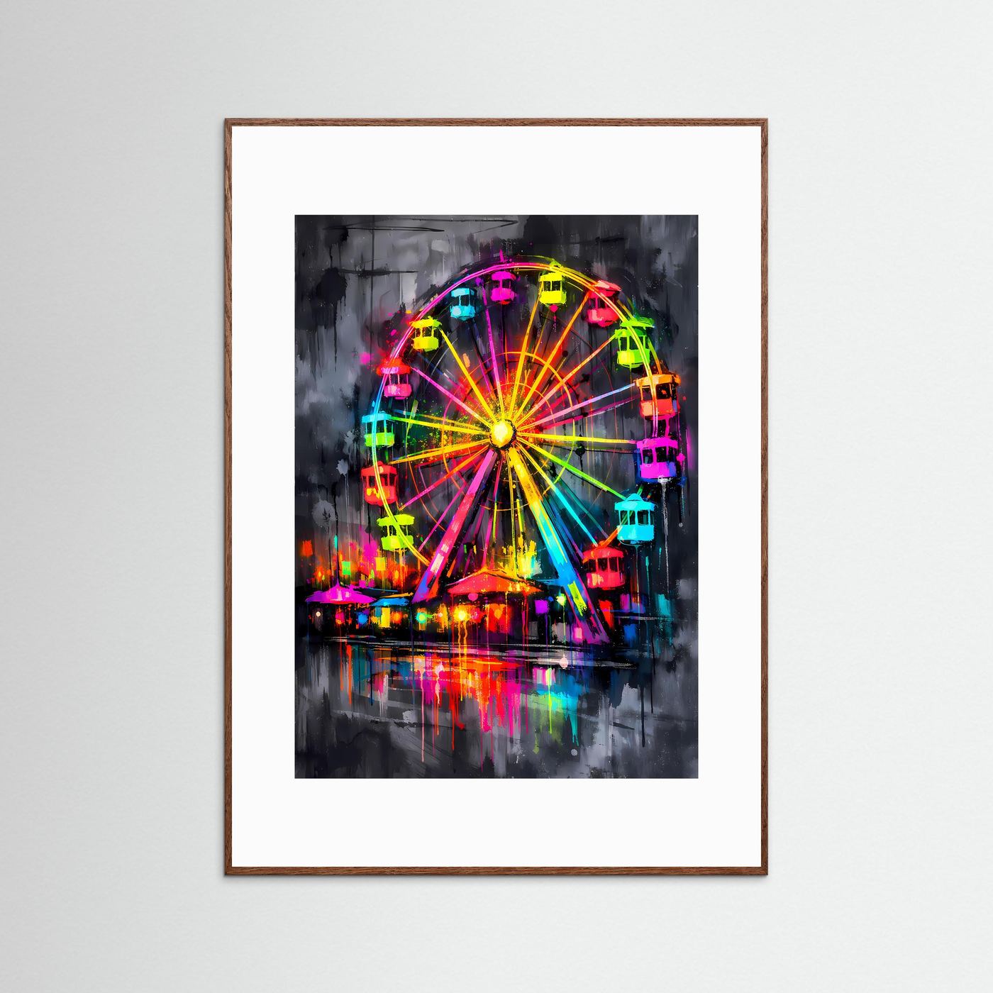 The Neon Ferris Wheel | Luxuriöses Riesenrad Poster Bunt & Dunkel | Abstraktes Jahrmarkt Kunstposter Hochformat