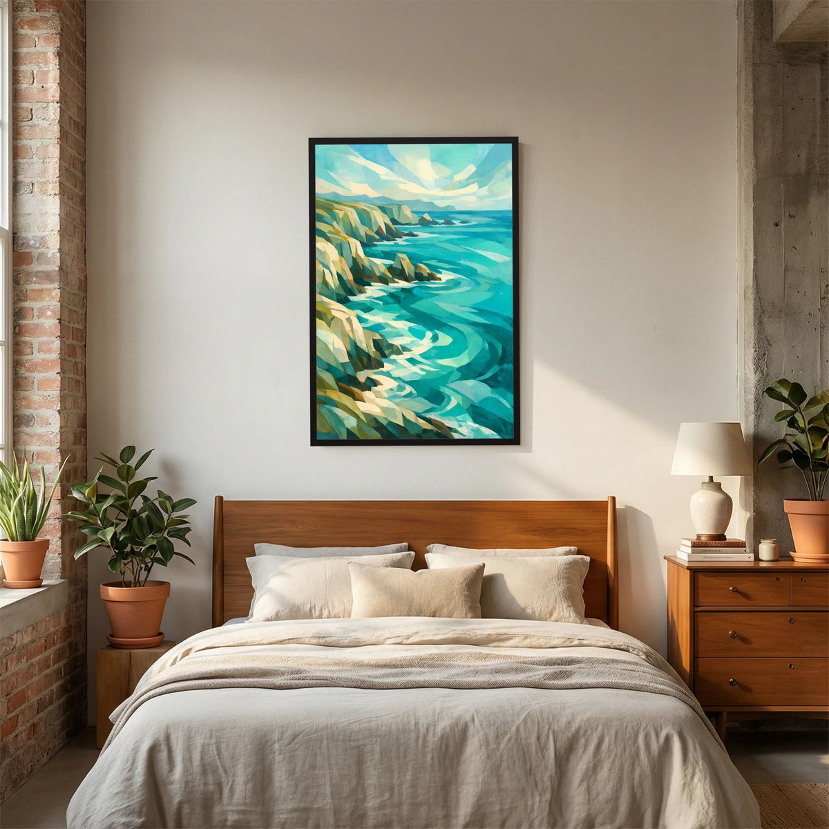 Poster Hochformat mit abstrakter Küstenlandschaft: türkisfarbene Wellen und Felsen, schwarzer Rahmen